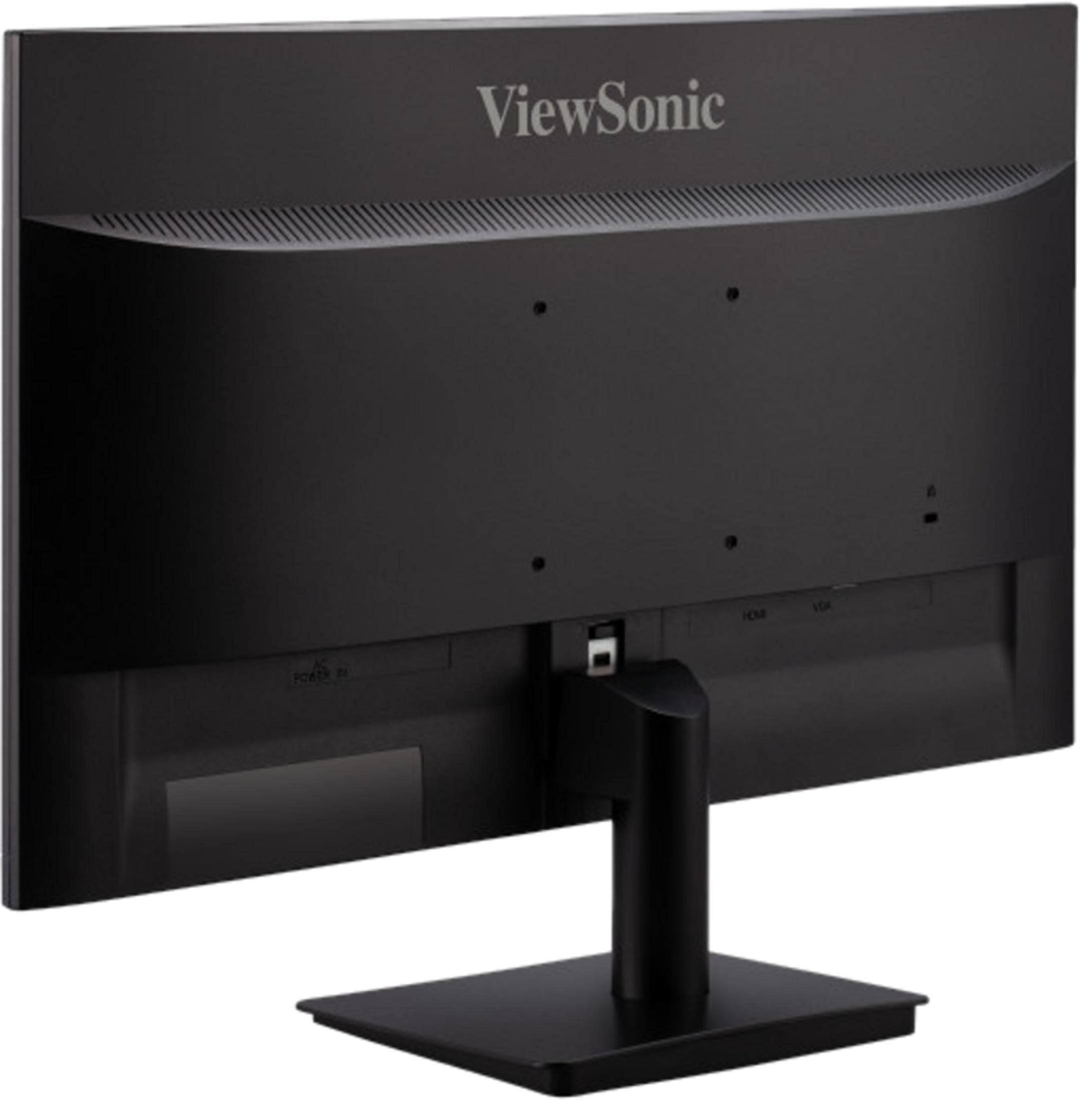 Rückseite eines schwarzen ViewSonic Monitors mit Standfuß und Anschlüssen.