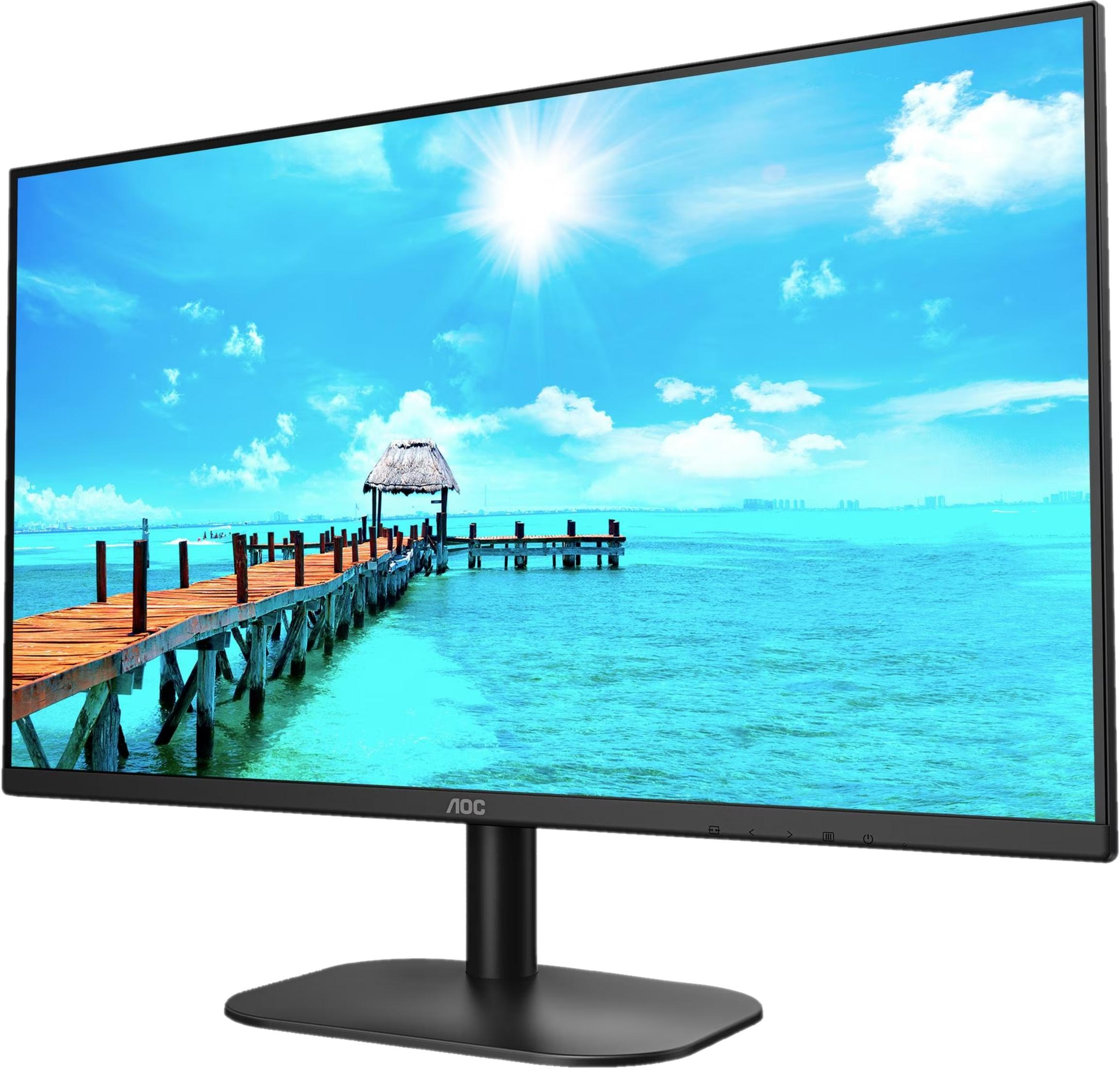 A monitor displays a tropical scene with a wooden pier and thatched hut.