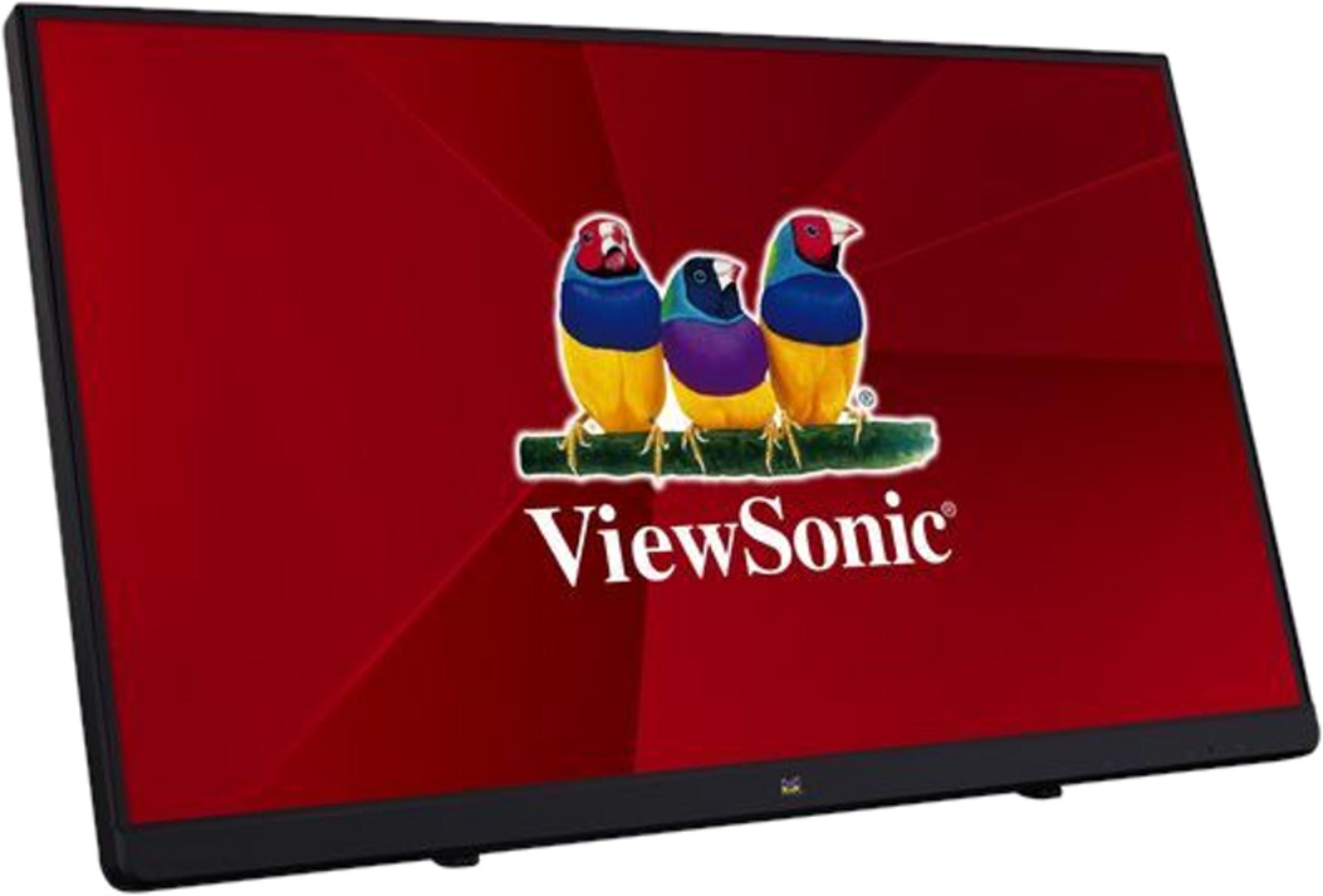 Ein Monitor zeigt drei bunte Vögel auf einem Ast und das ViewSonic-Logo.