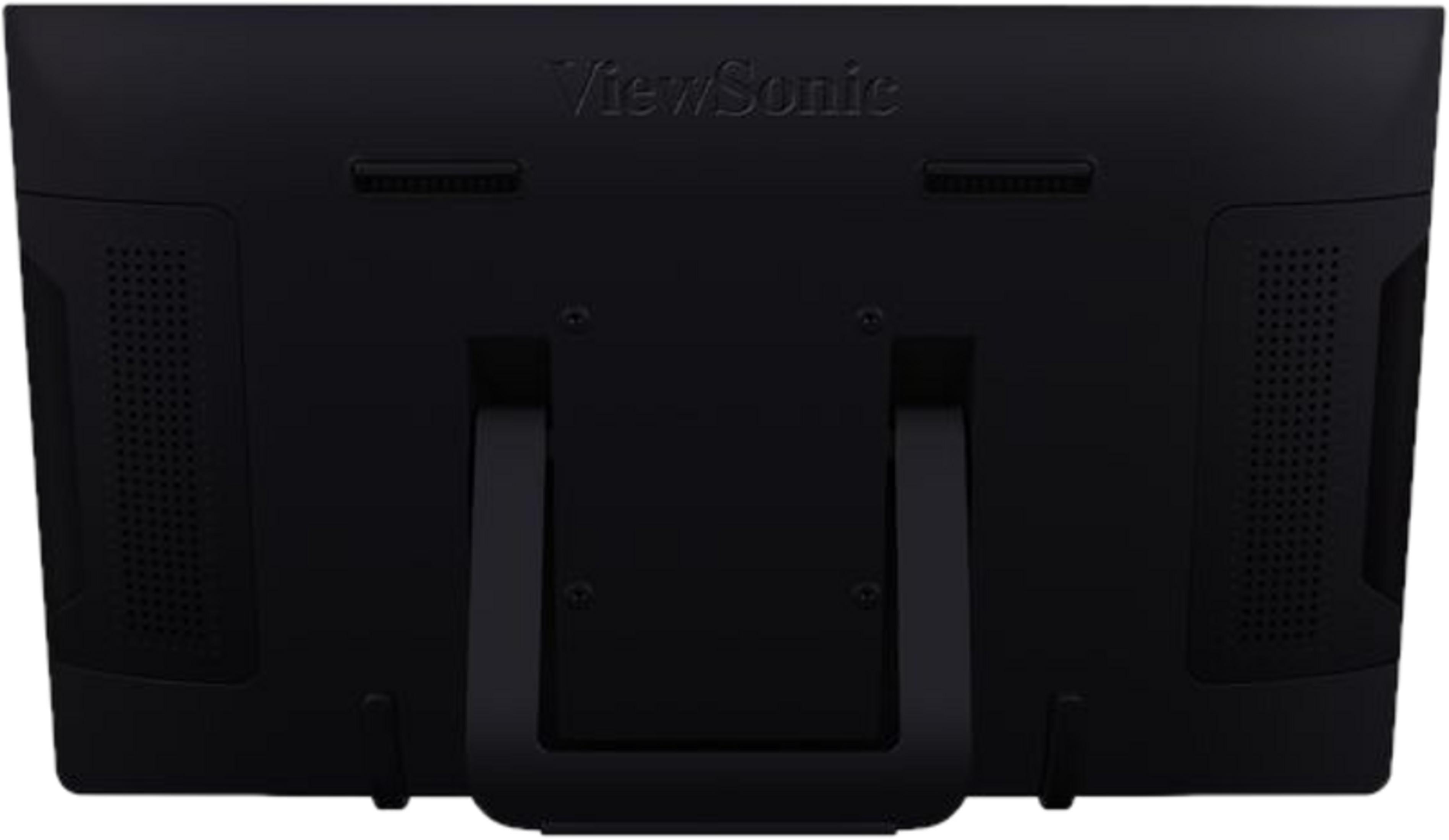 Rückseite eines schwarzen ViewSonic-Monitors mit Ständer und Lautsprechergittern.