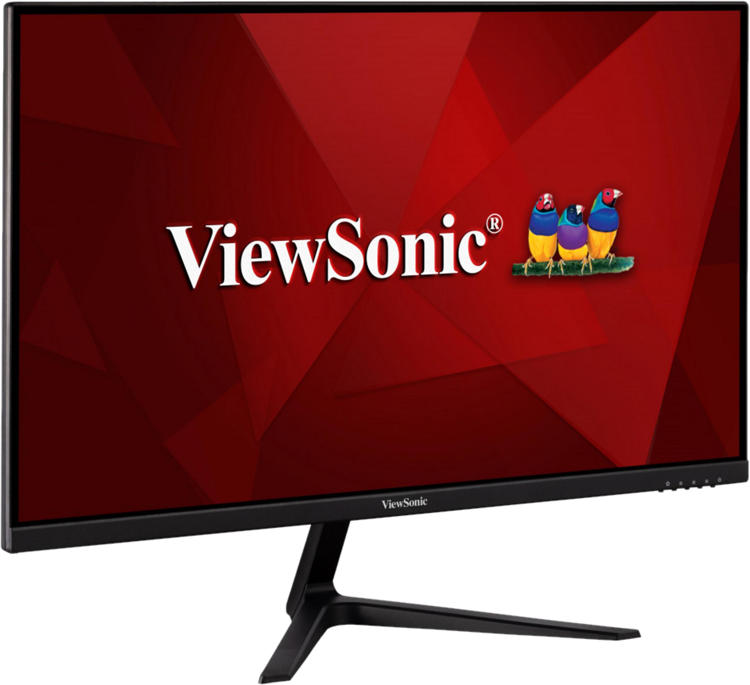 Un monitor negro con el logo de ViewSonic y tres pájaros coloridos sobre fondo rojo.