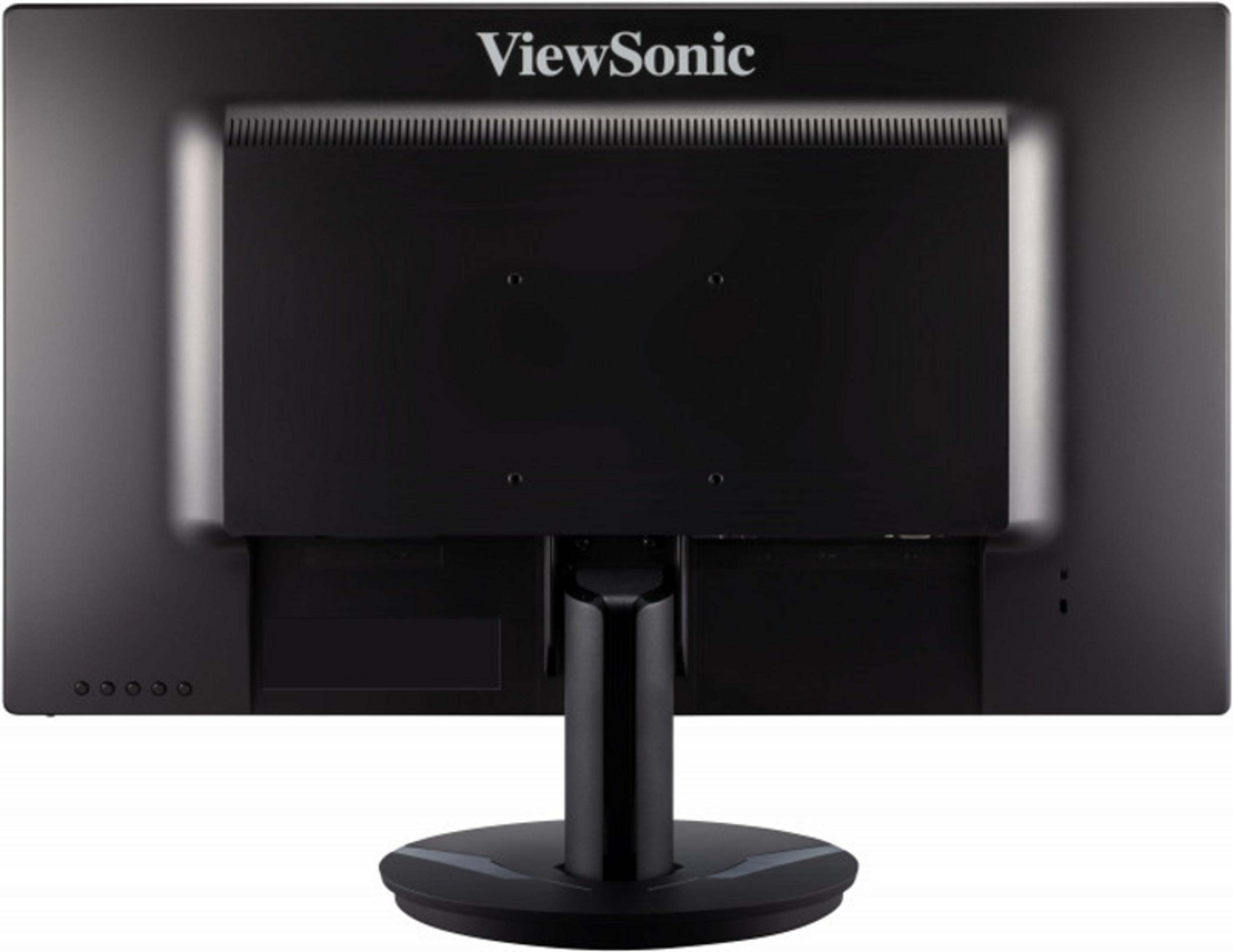 Vista posteriore di un monitor ViewSonic nero su supporto. Prese d'aria in alto.