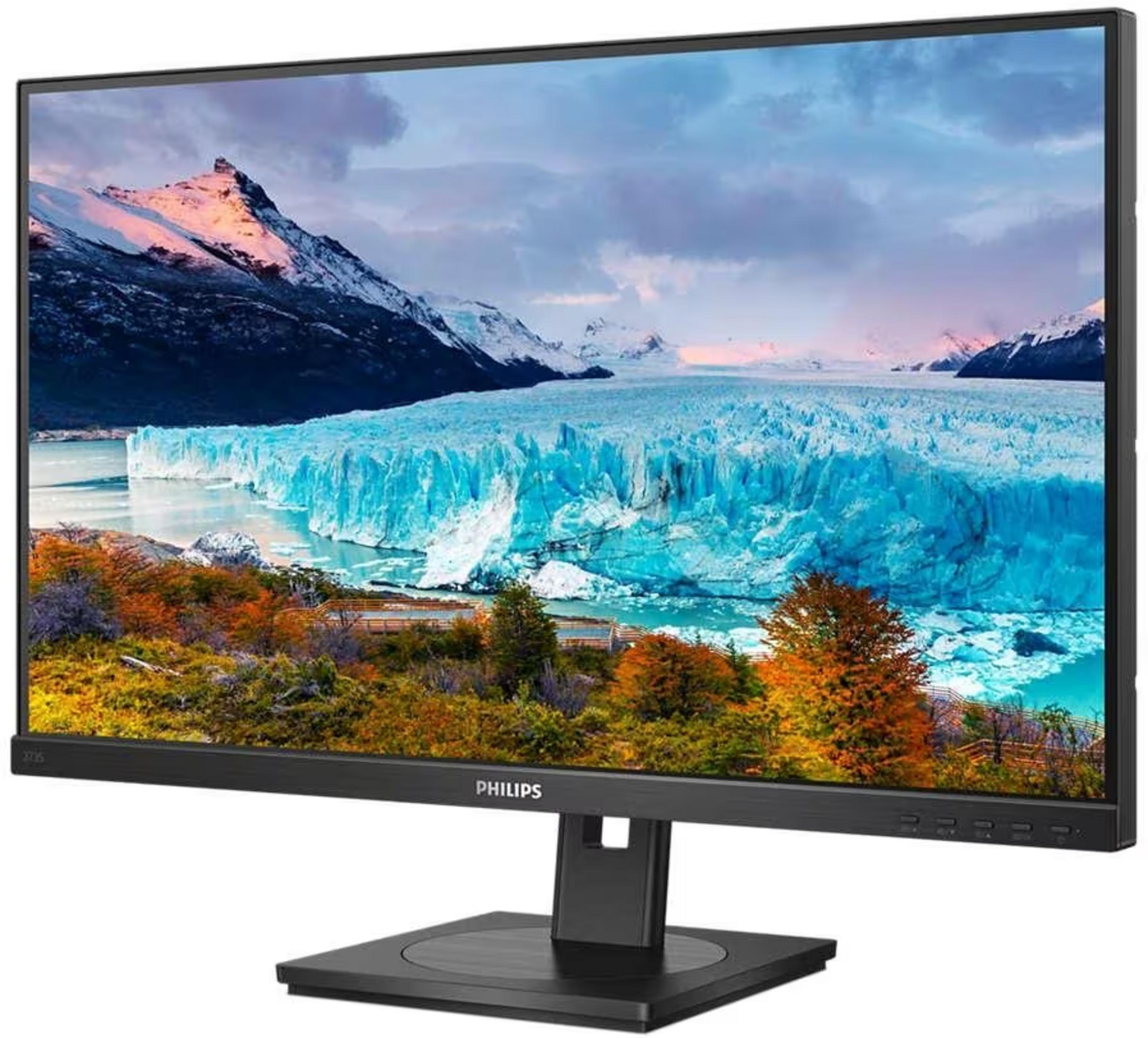 Monitor Philips wyświetla krajobraz z lodowcem, górami i jesiennymi drzewami.