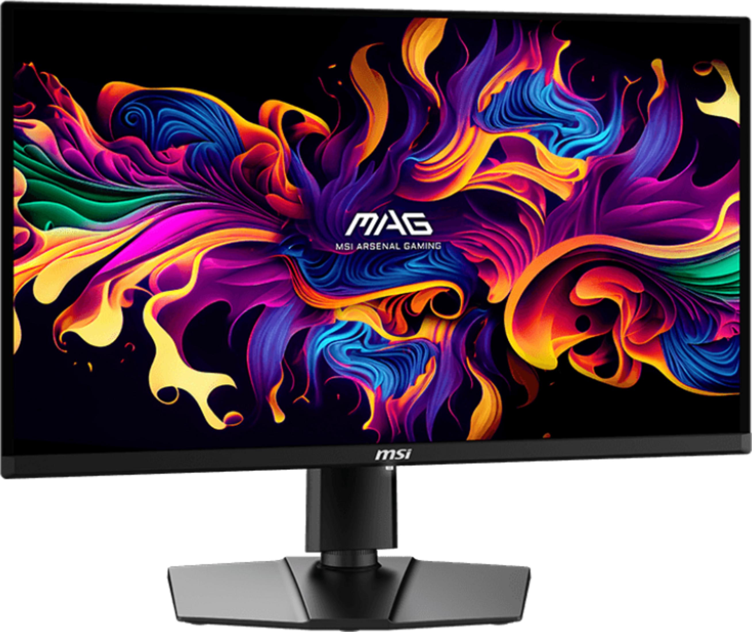 Czarny monitor gamingowy MSI z kolorową, abstrakcyjną tapetą.