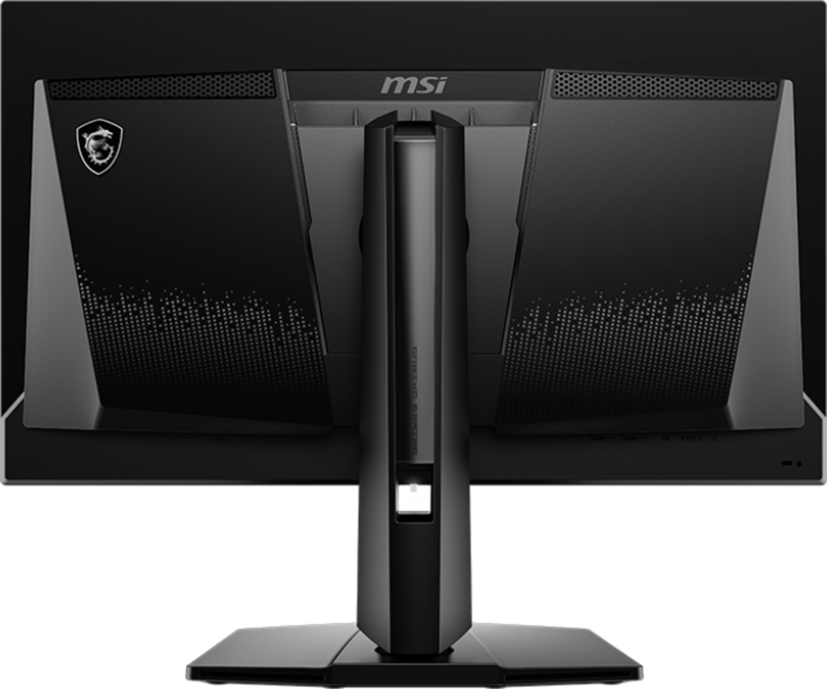 Tył czarnego monitora gamingowego MSI z srebrnym logo smoka i otworami wentylacyjnymi.