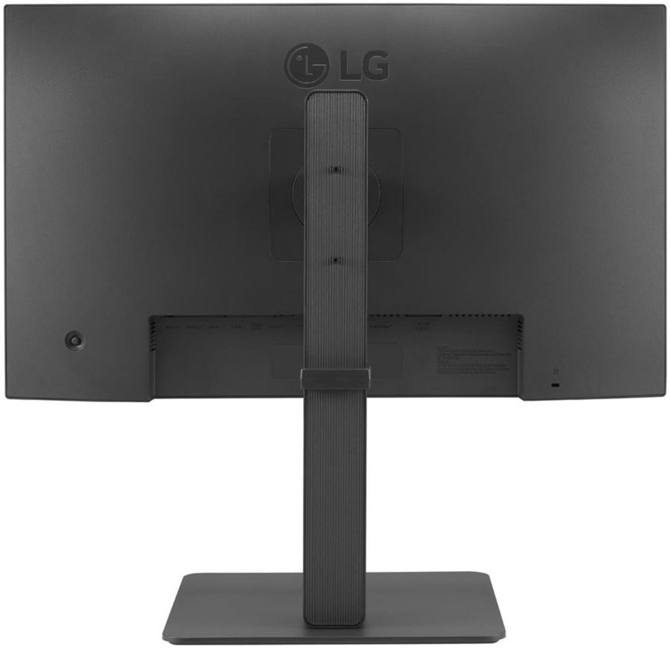 Vista posteriore di un monitor LG nero con supporto e porte.