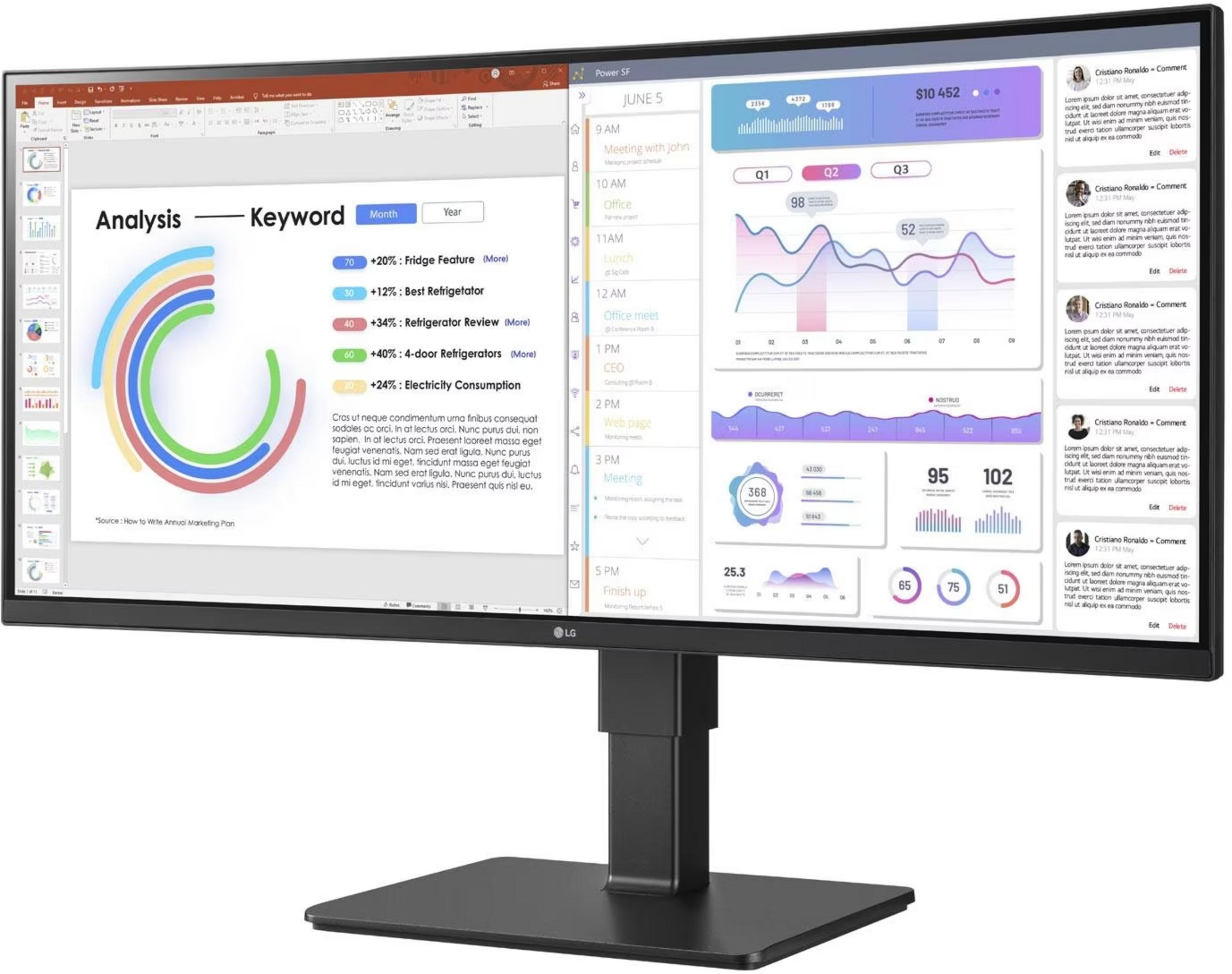Szeroki monitor wyświetla prezentację biurową z wykresami, harmonogramami i komentarzami.
