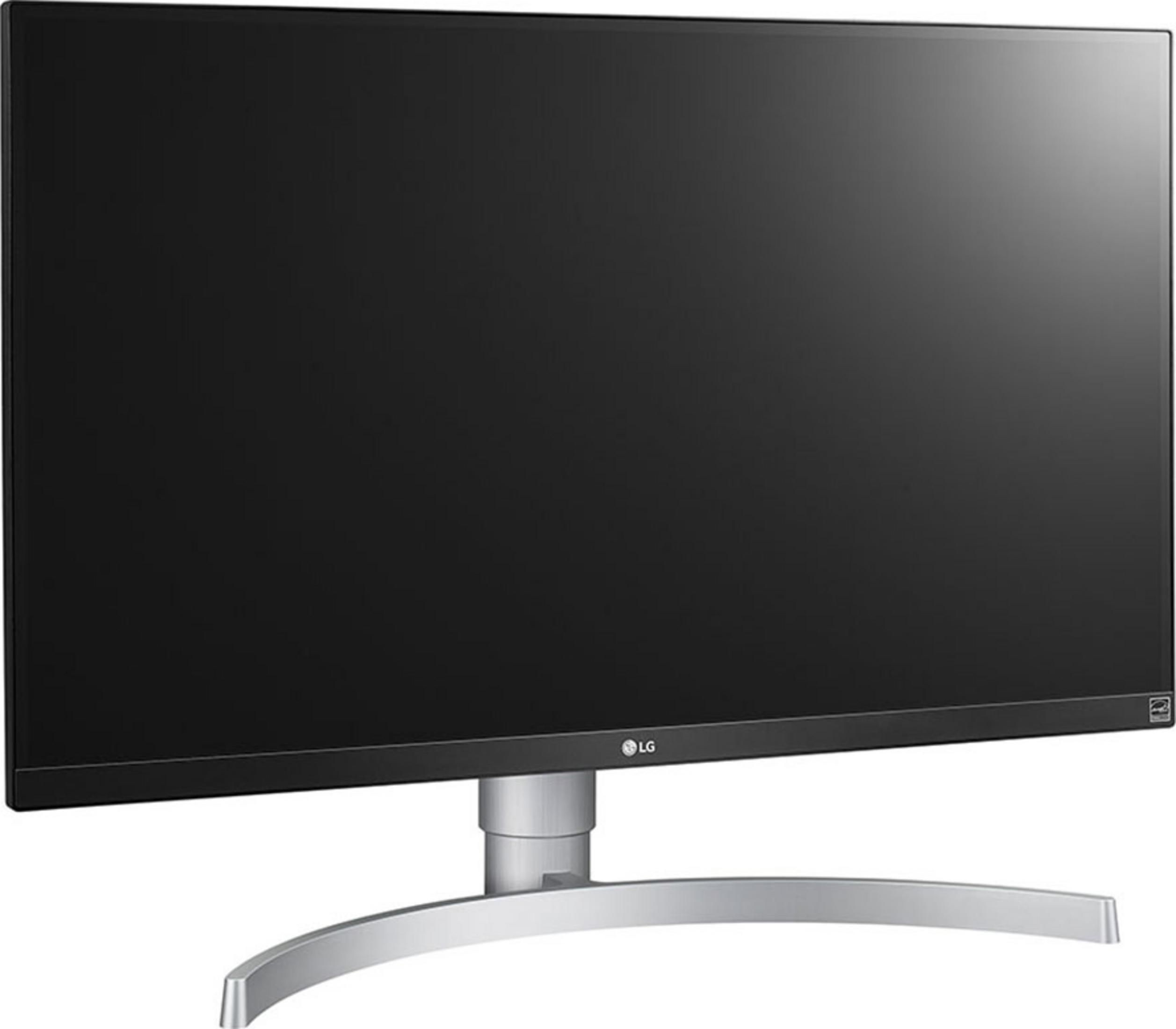 Un moderno monitor LG nero con un elegante supporto argentato.