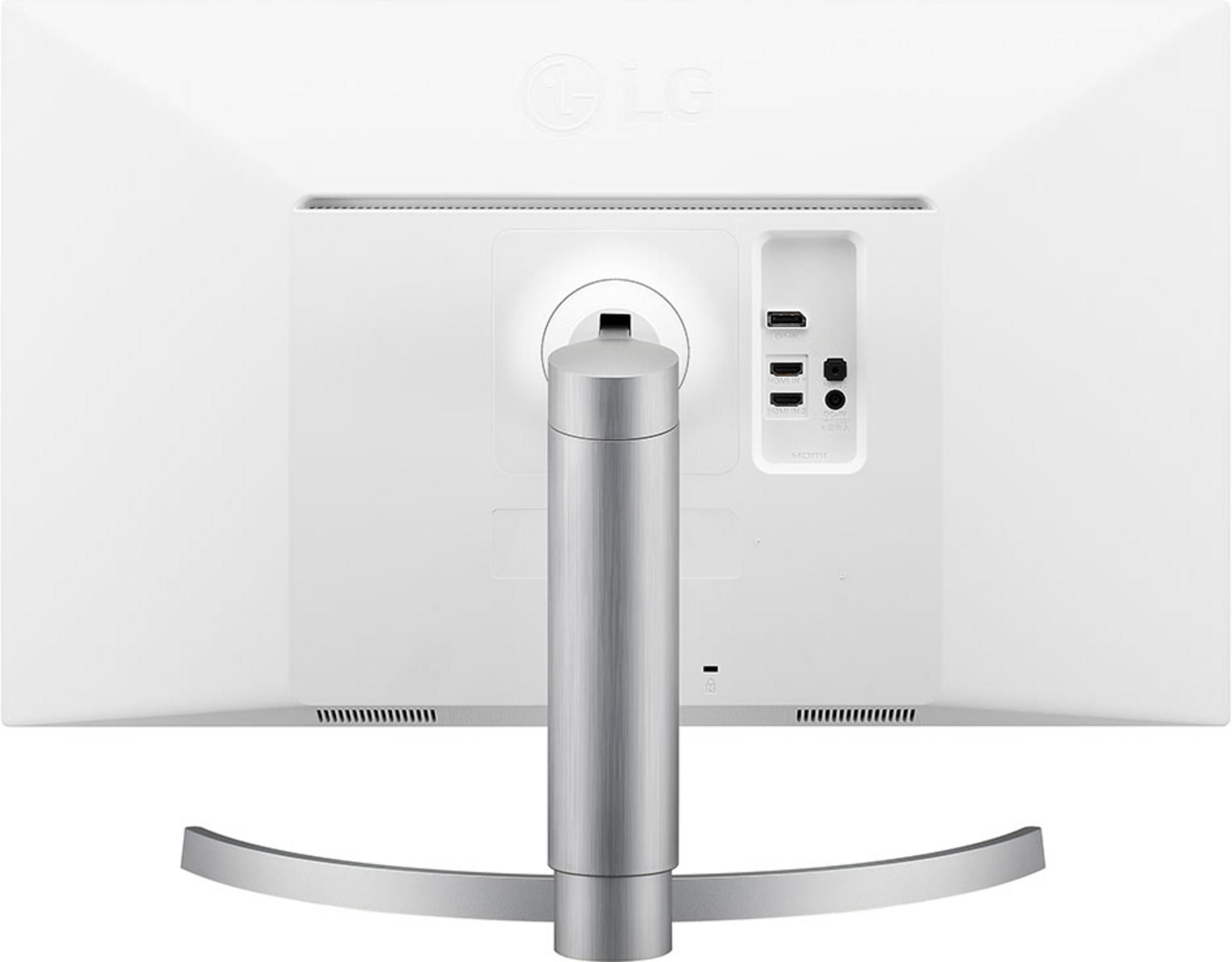 Retro di un monitor LG bianco con supporto argentato e porte.