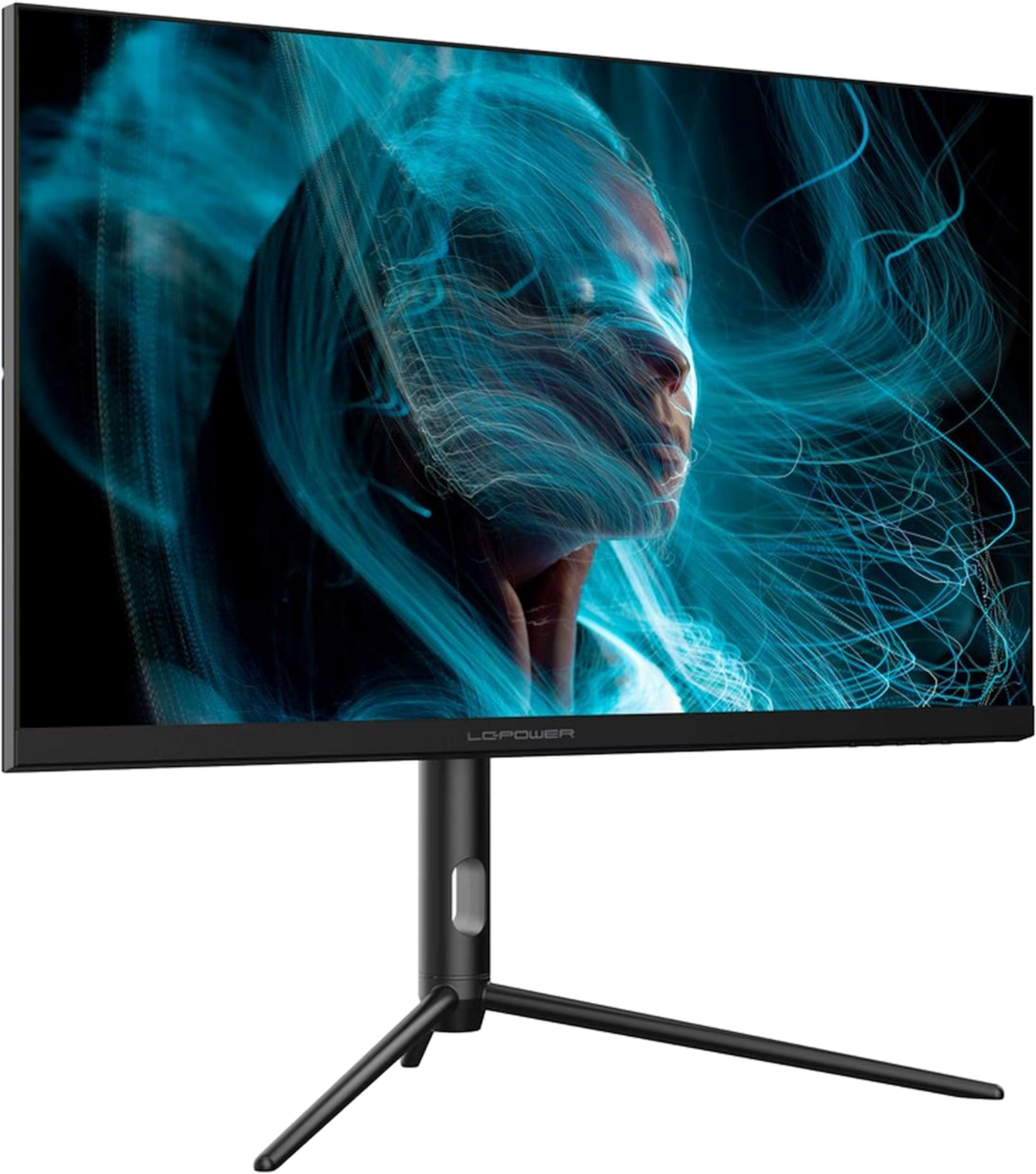 Ein Monitor zeigt ein abstraktes Bild einer Frau mit blauen Lichtstreifen.