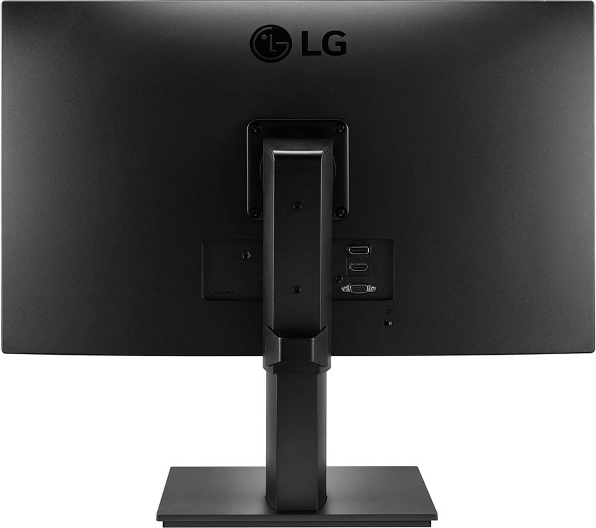 Retro di un monitor LG nero con porte e supporto. Logo LG visibile.