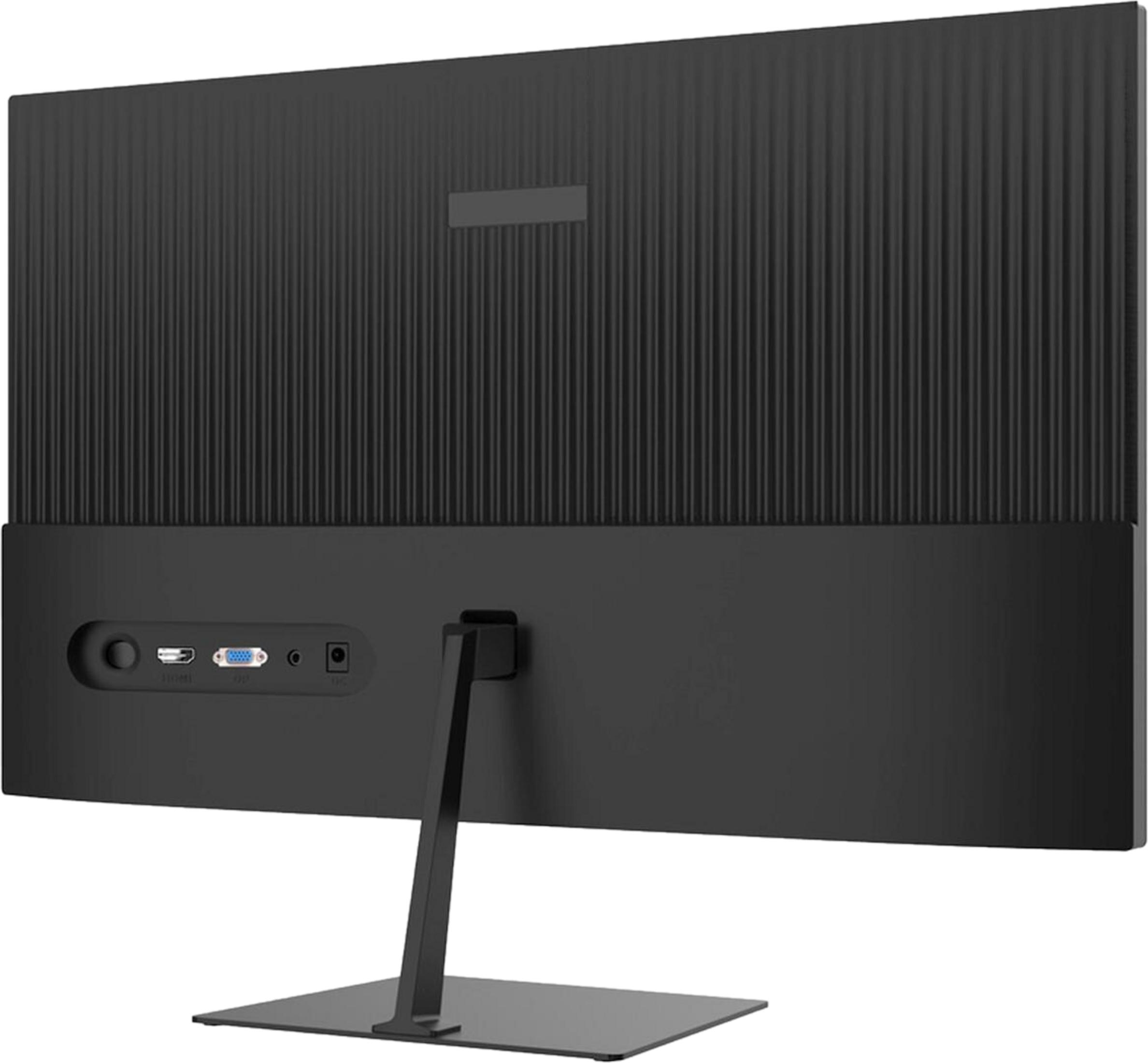 Parte trasera de un monitor negro con puertos y textura acanalada.