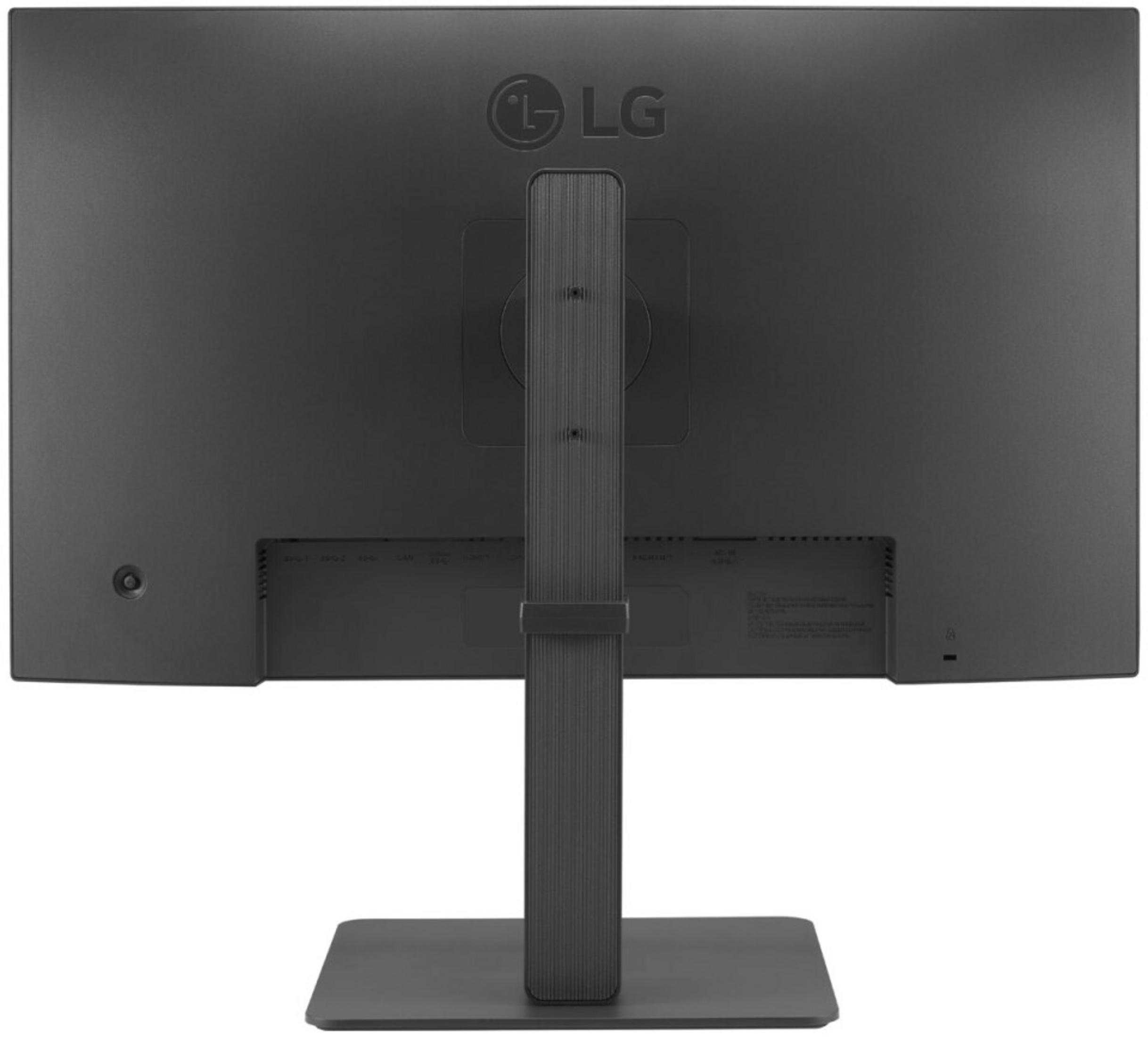 Vista posteriore di un monitor LG nero con supporto e porte.