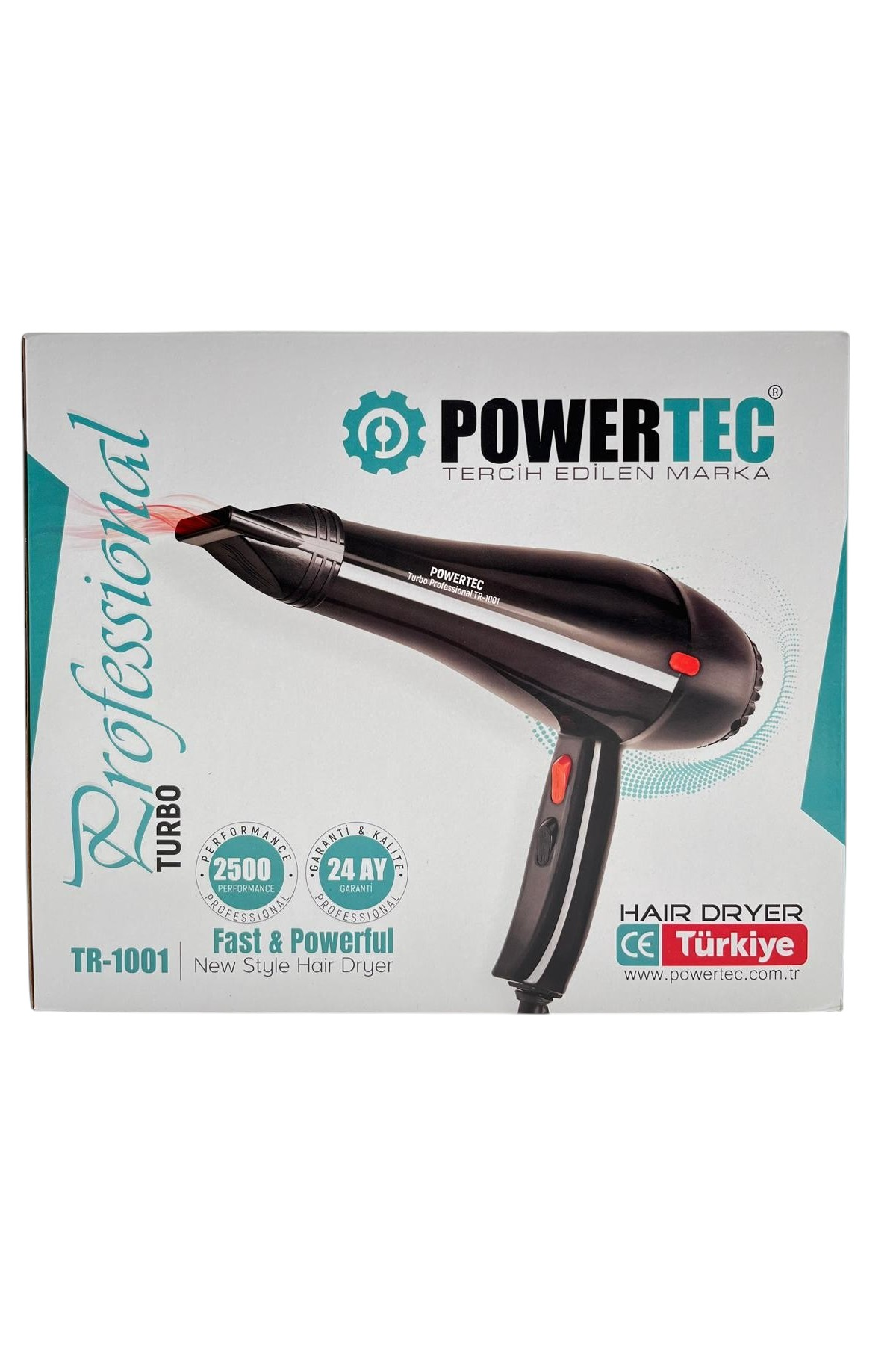 Siyah Powertec Profesyonel saç kurutma makinesi, TR-1001 modeli, ambalaj üzerinde.