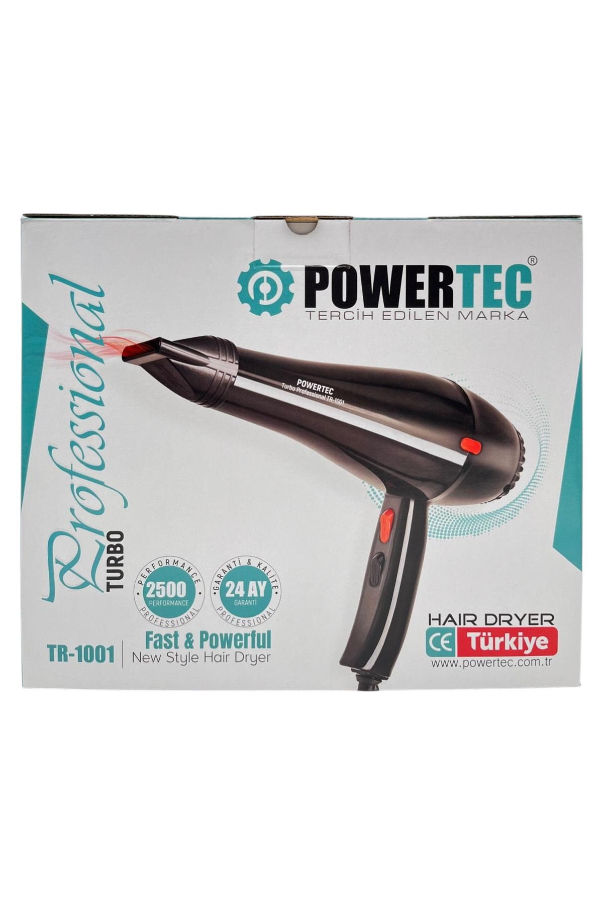 Beyaz ambalaj üzerinde kırmızı vurgulara sahip siyah Powertec saç kurutma makinesi.
