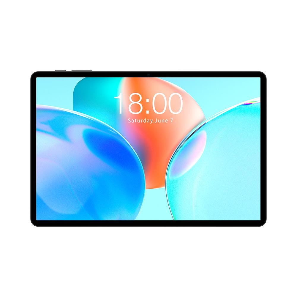 Siyah tablet, ekranda soyut mavi ve turuncu şekillerle 18:00 ve 7 Haziran Cumartesi gösteriyor.