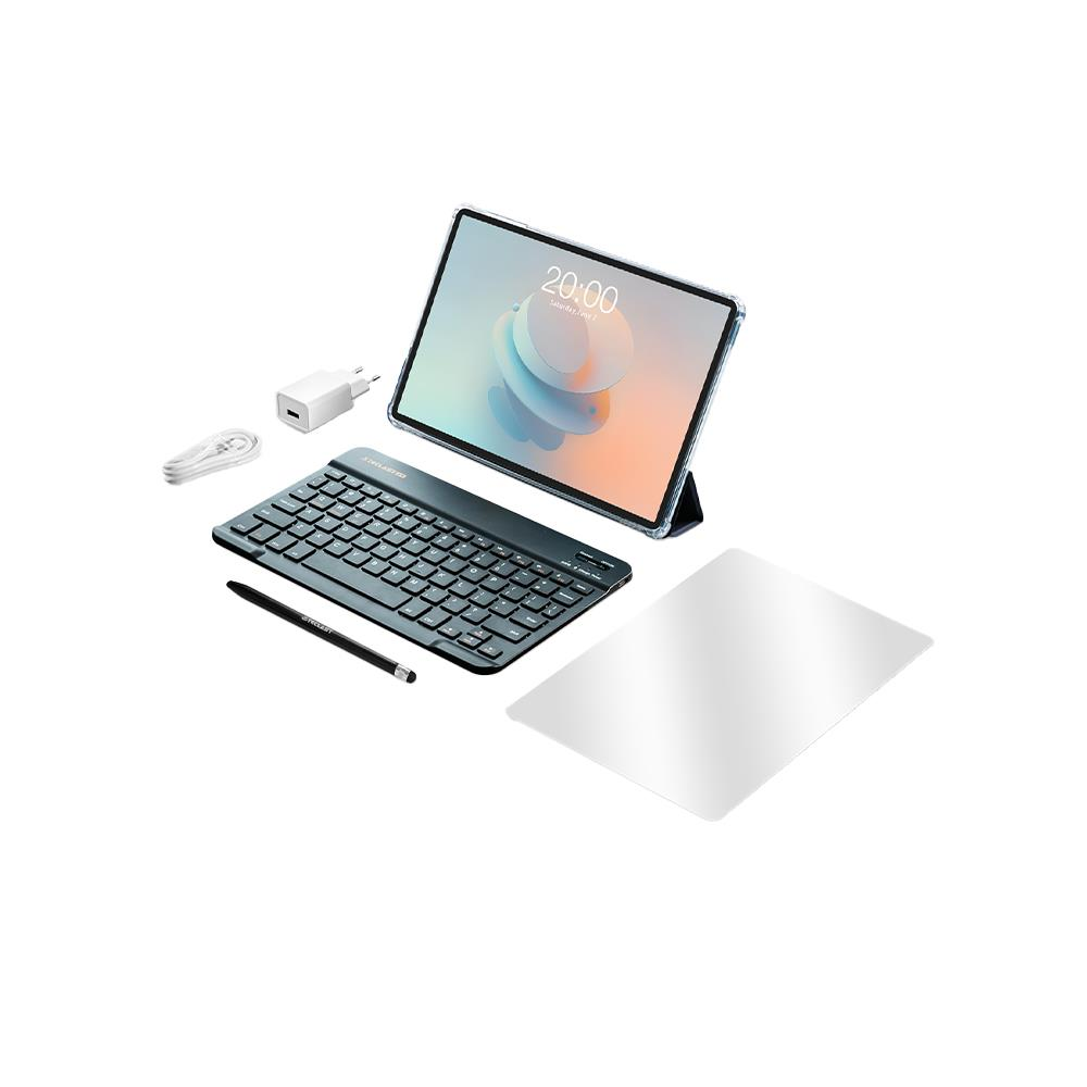 Klavye, kalem, şarj kablosu, güç adaptörü ve ekran koruyucu içeren tablet.