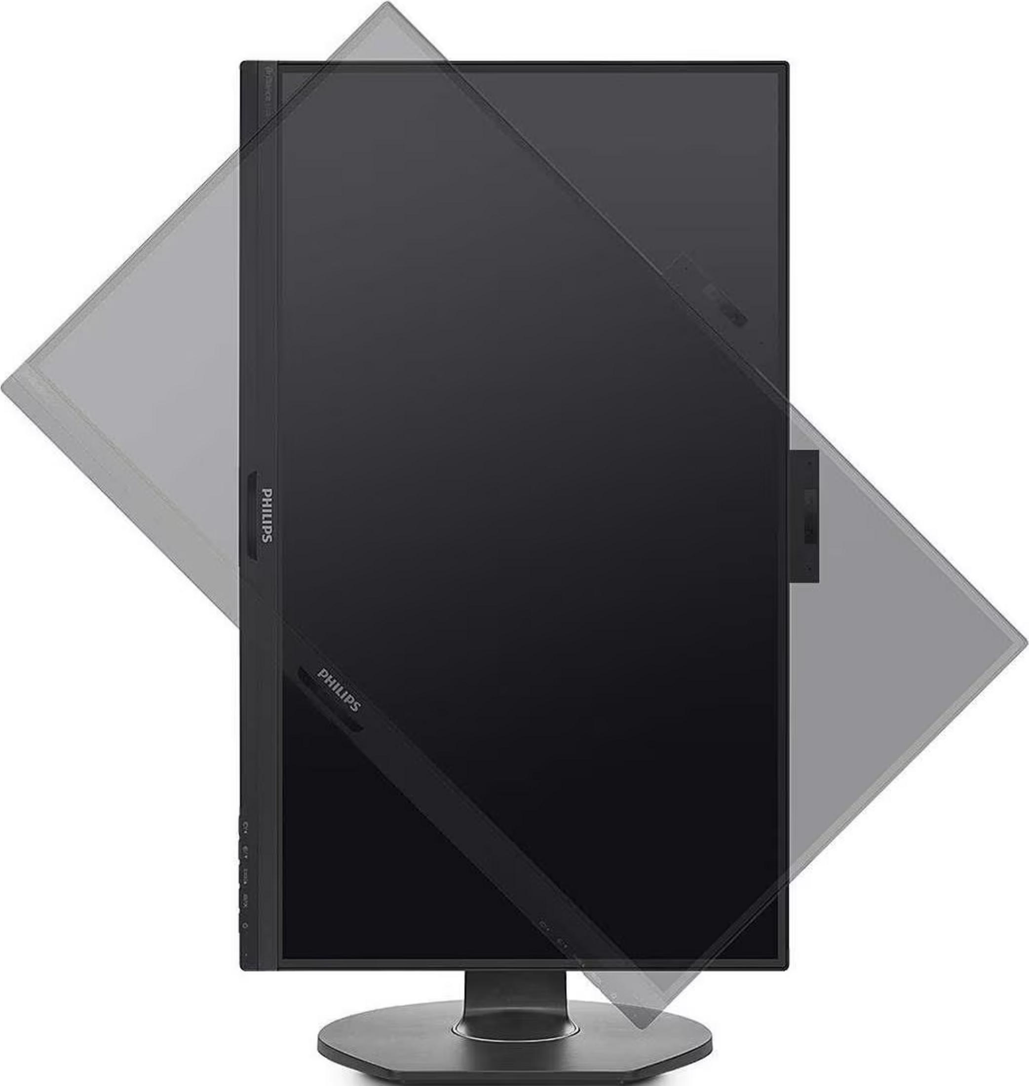 Un monitor Philips verticale con schermo girevole su base rotonda.