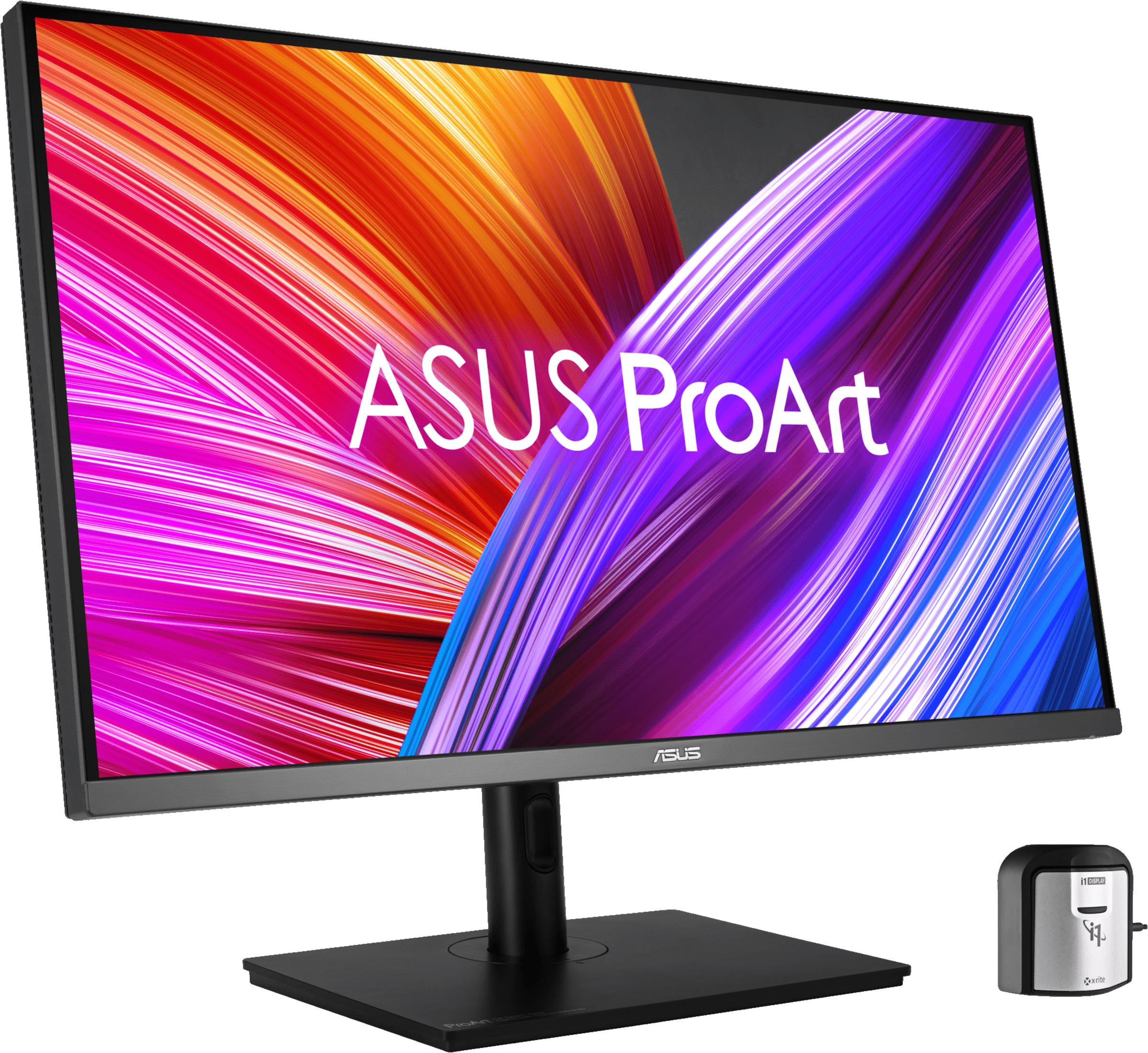 Un monitor Asus ProArt con sfondo colorato e dispositivo di calibrazione.