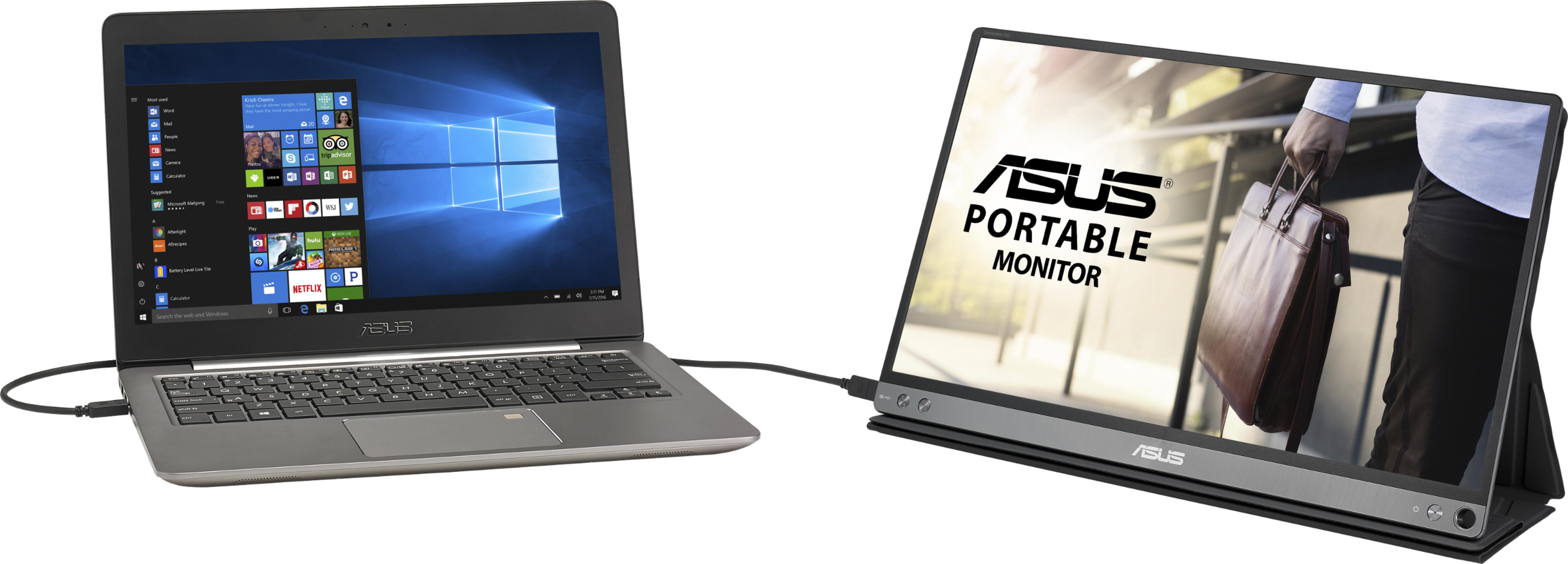 Un laptop è collegato a un monitor esterno ASUS. Il laptop mostra Windows, il monitor pubblicizza ASUS Portable.