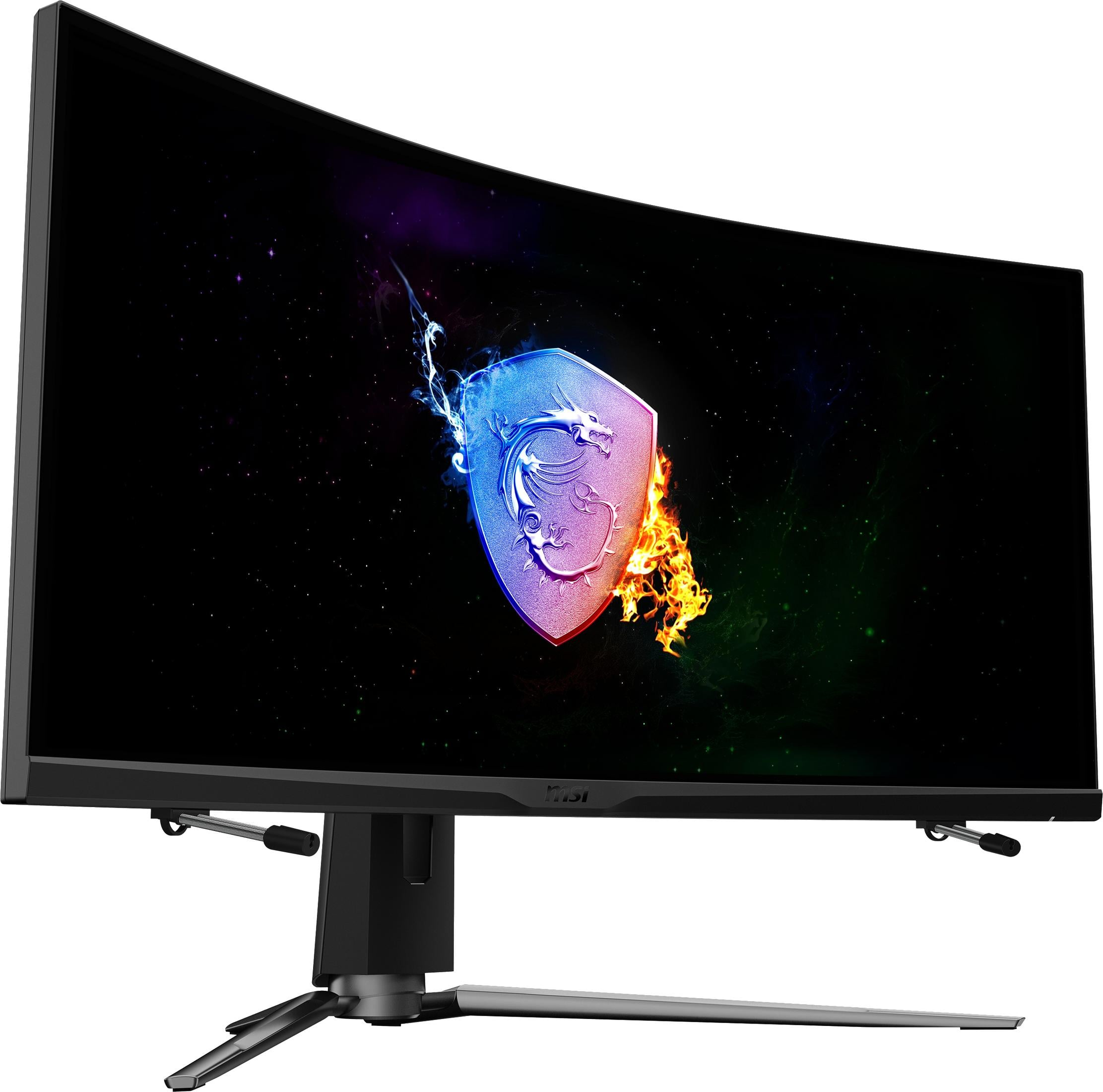 Ein gekrümmter MSI-Monitor mit einem Drachenwappen-Logo, umgeben von Feuer und Rauch.