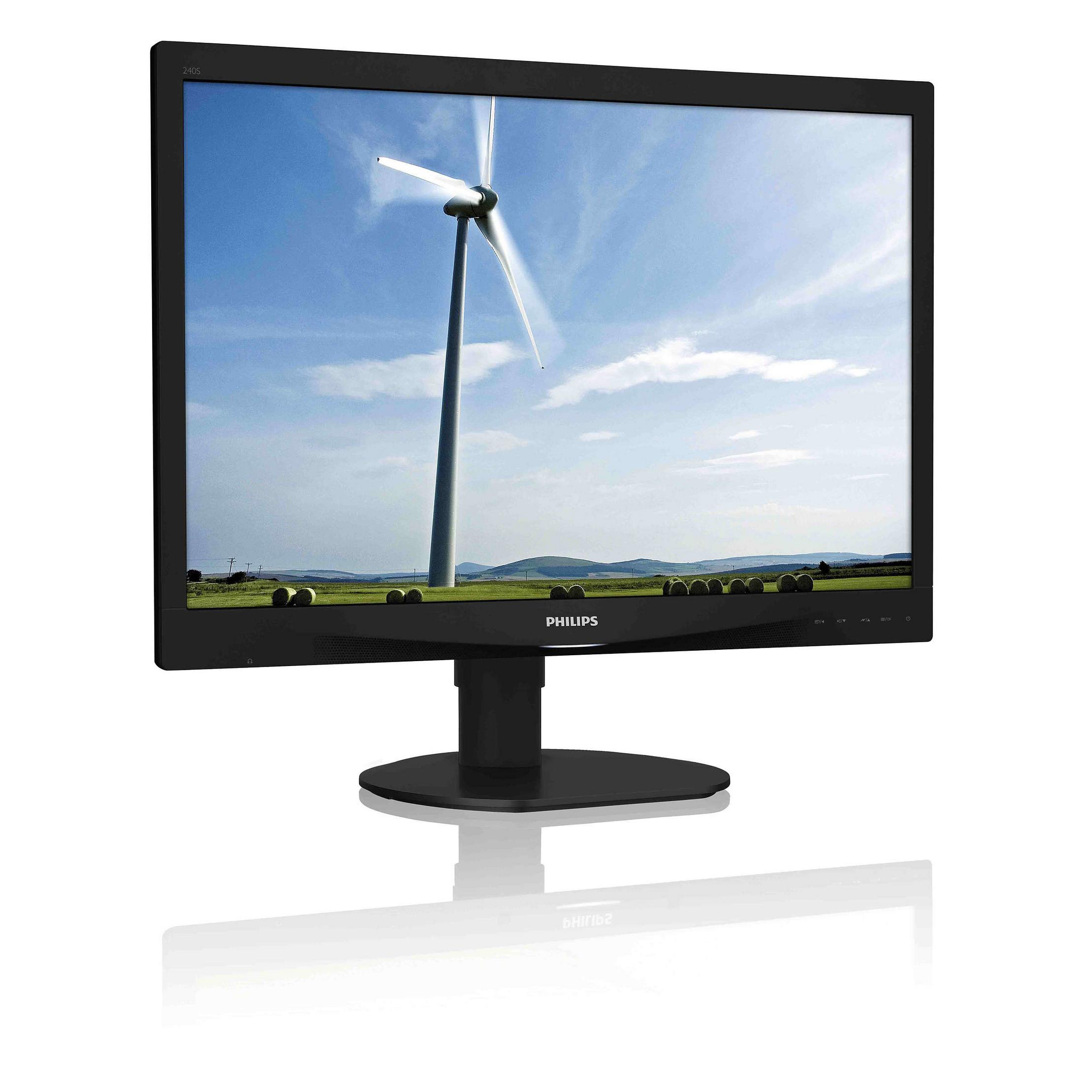 Un monitor mostra una turbina eolica in un paesaggio verde sotto un cielo blu.