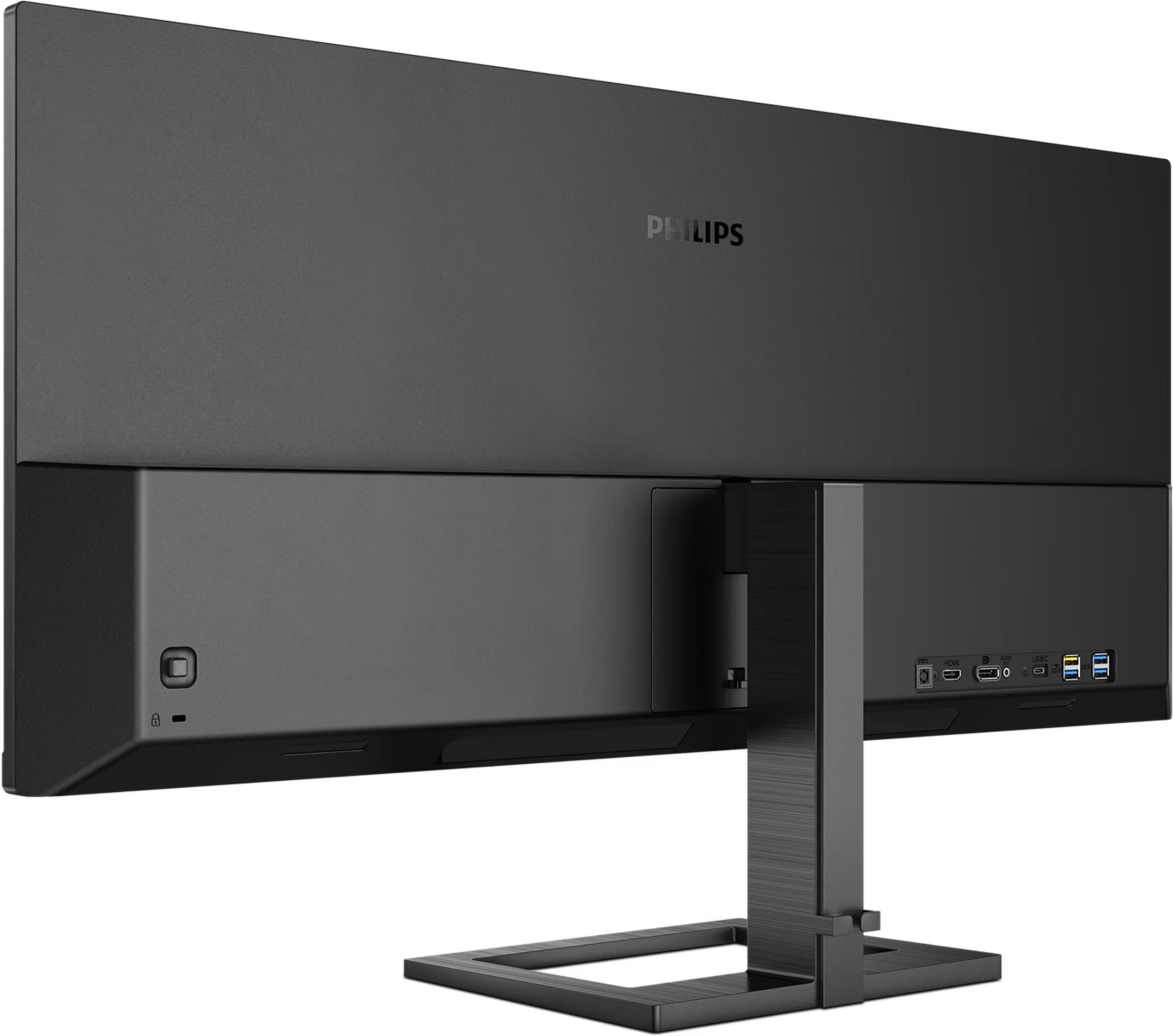 Vista posteriore di un monitor Philips nero con supporto e porte.