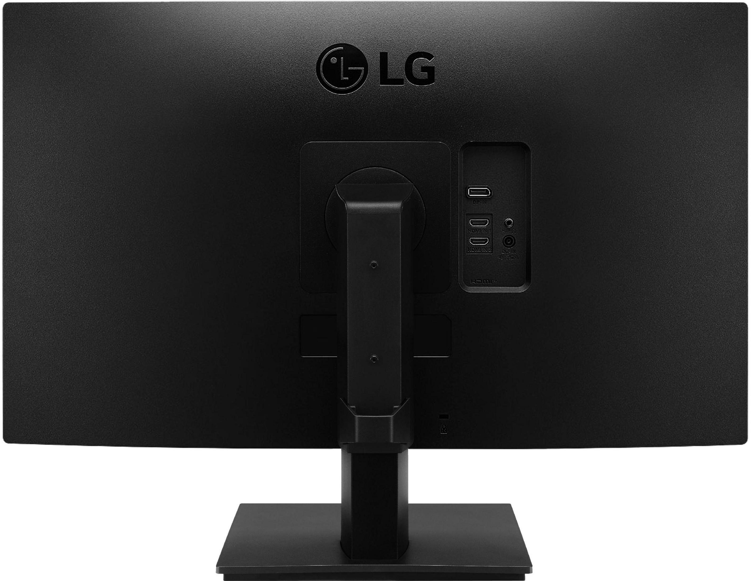 Retro di un monitor LG nero con porte e supporto.