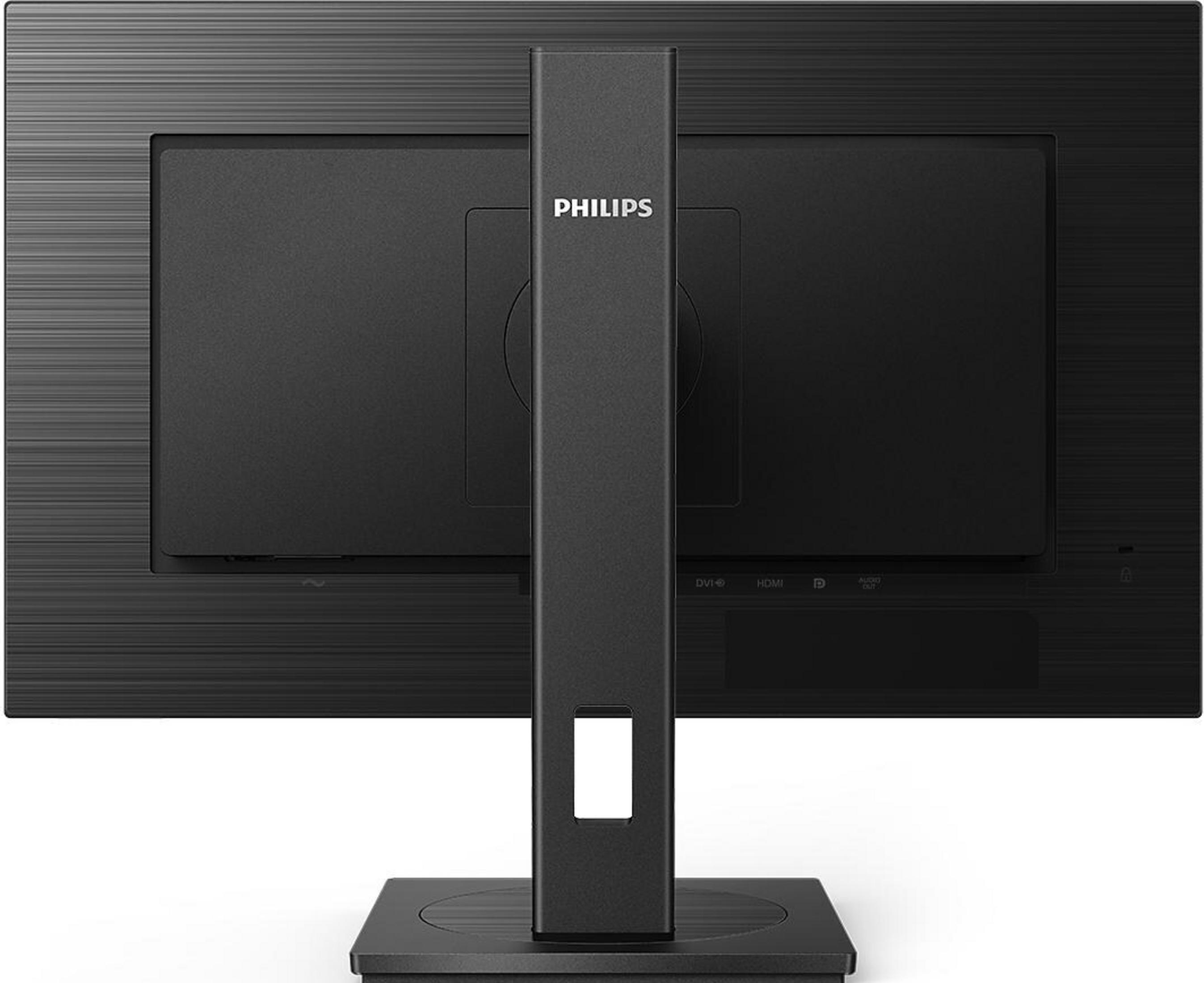 Tył czarnego monitora Philips z portami i podstawką. Wykończenie teksturowane.