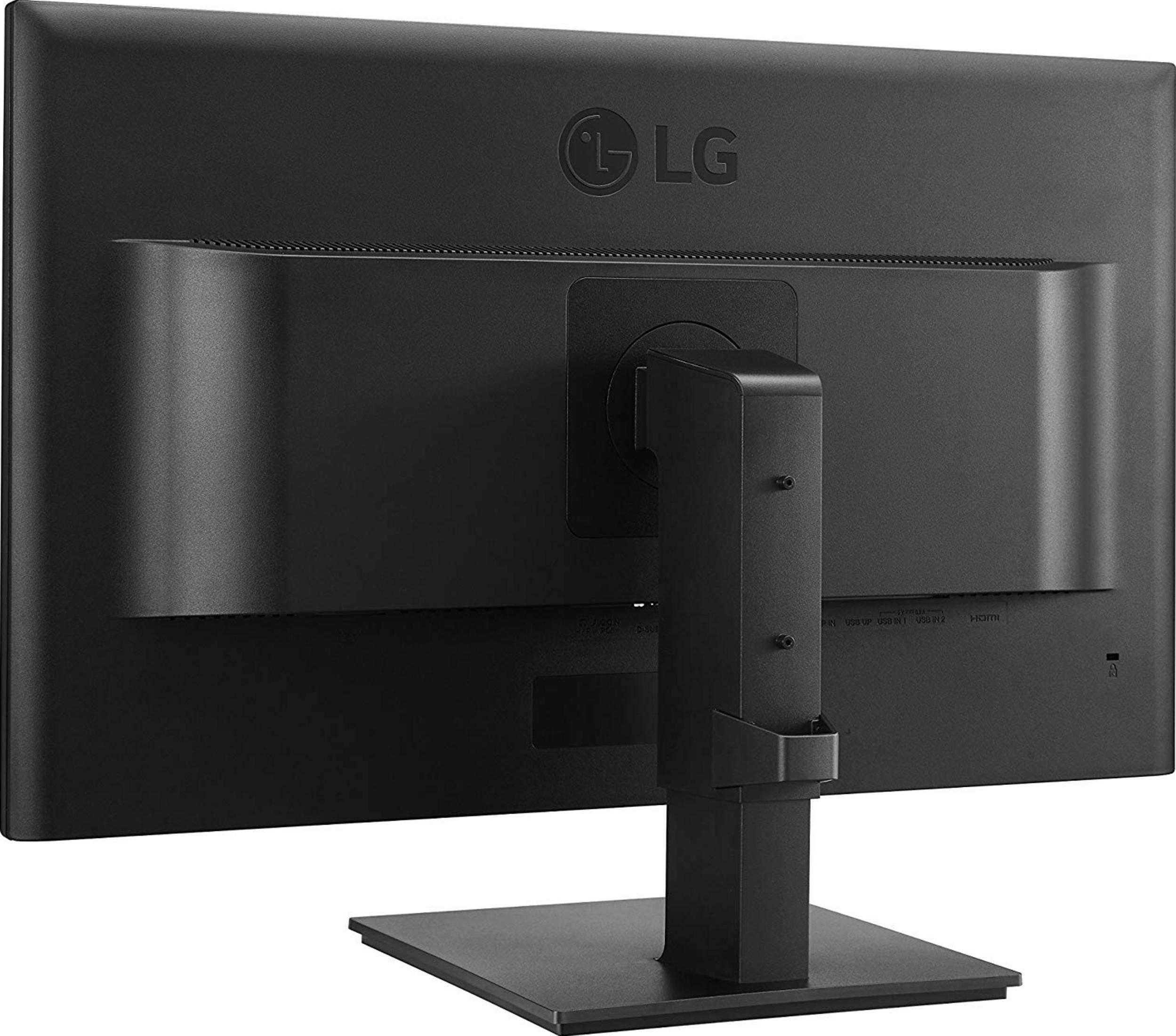 Retro di un monitor LG nero con supporto e porte.