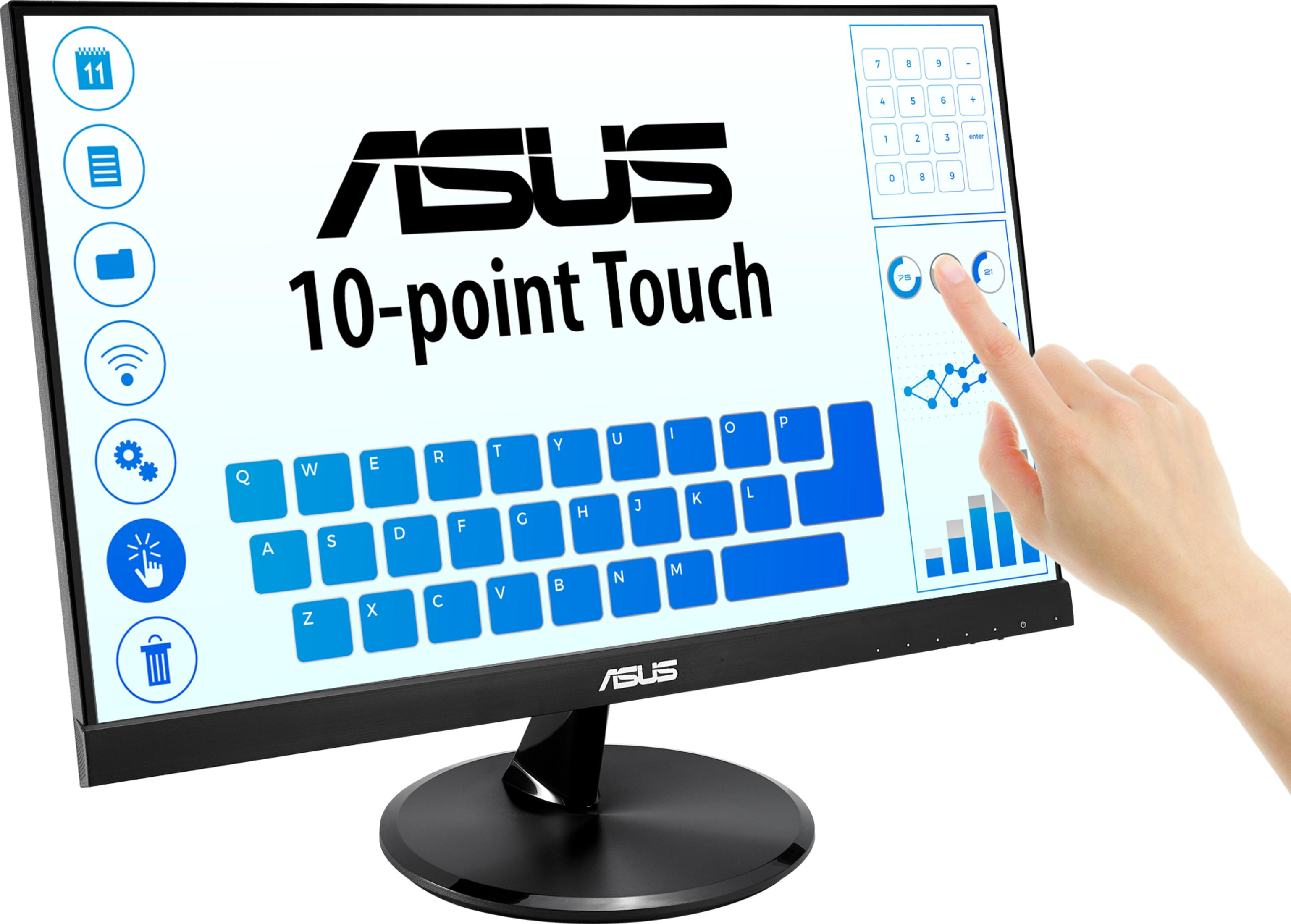 Un monitor Asus con touchscreen mostra una tastiera virtuale e grafici.