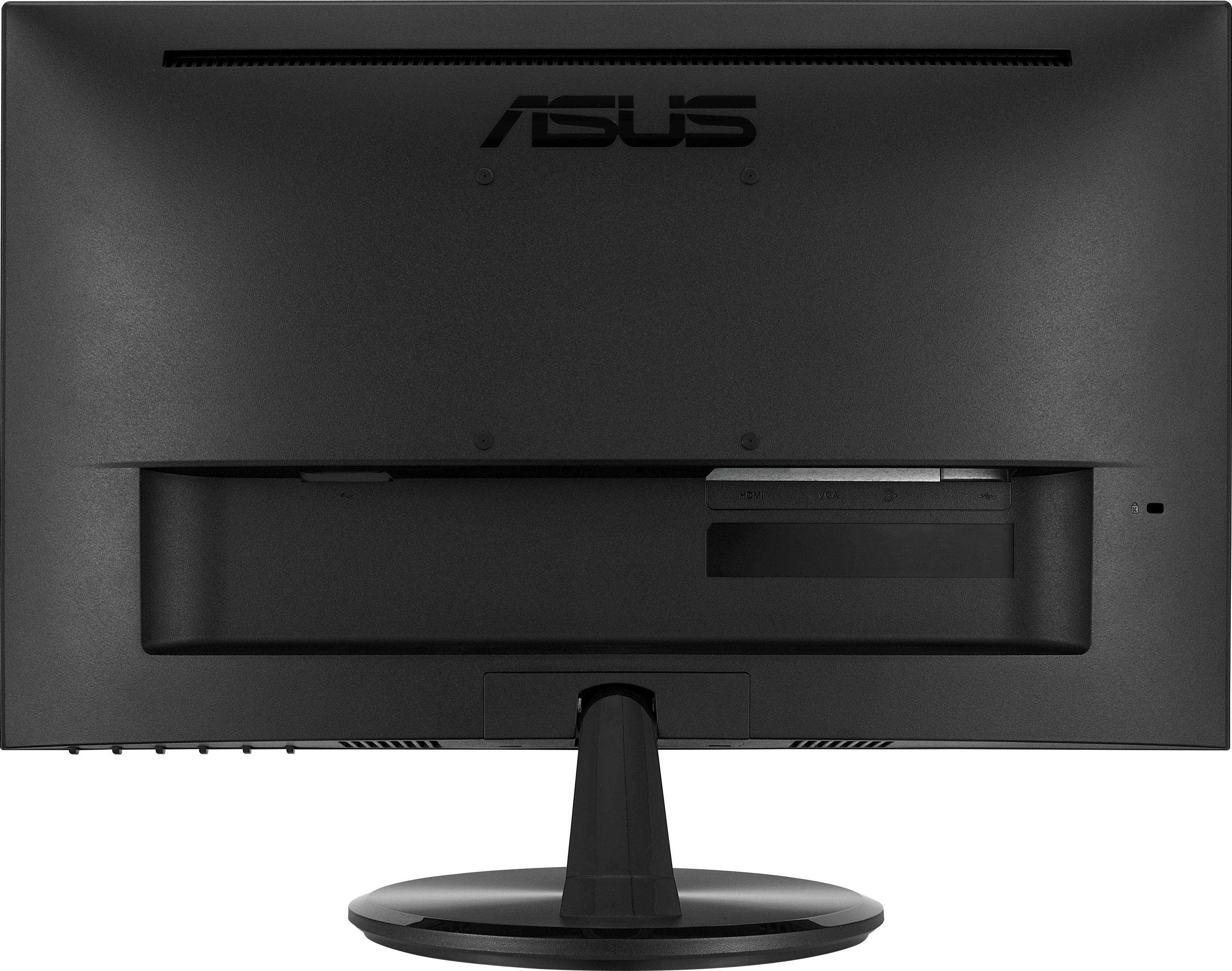 Retro di un monitor ASUS nero con porte e fessure di ventilazione.