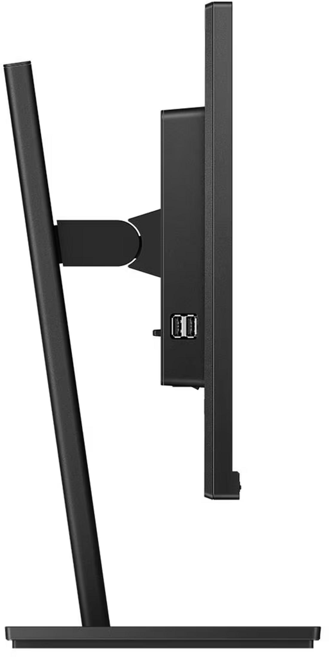 Czarny stojak monitora z dwoma portami USB z boku.