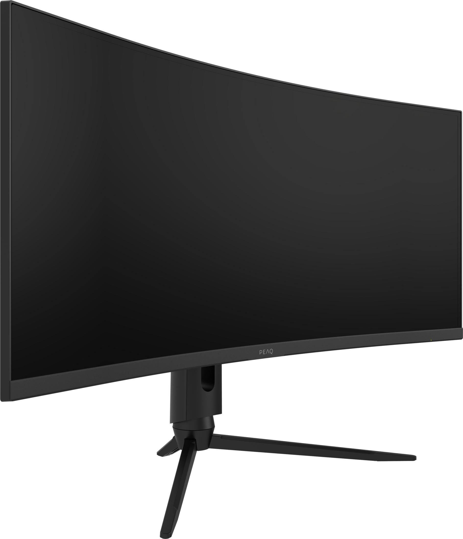 Ein schwarzer, gekrümmter Monitor mit einem dreibeinigen Ständer.