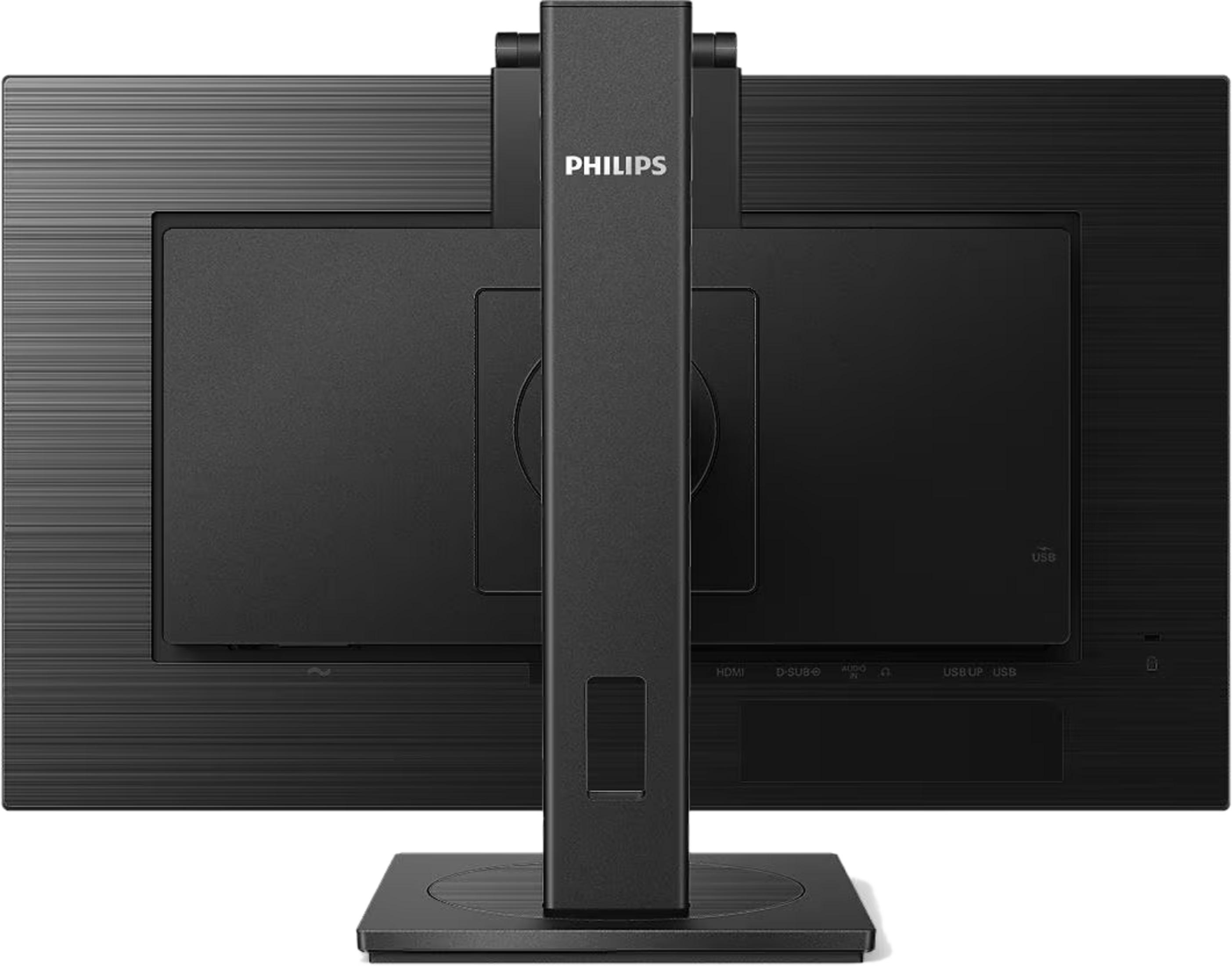 Rückseite eines schwarzen Philips Monitors mit Ständer und Anschlüssen.