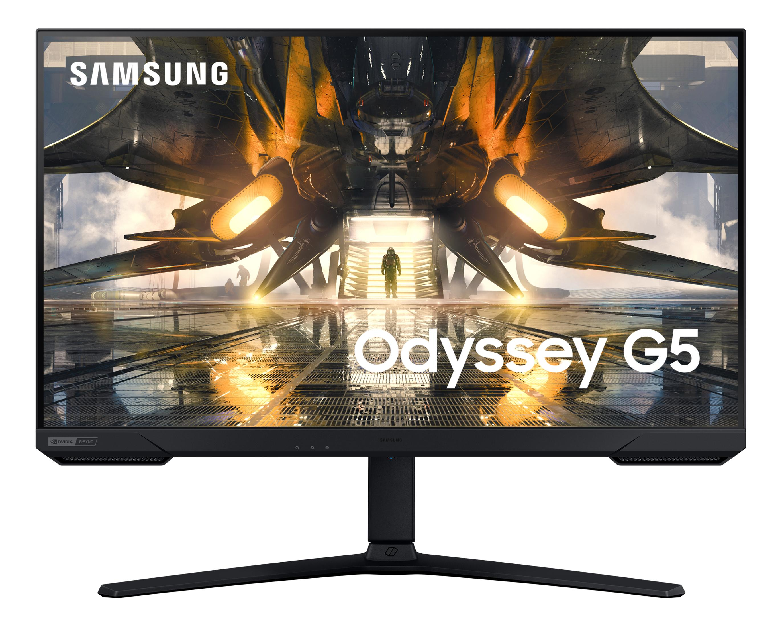 Il monitor Samsung Odyssey G5 mostra una scena futuristica con astronave e astronauti.