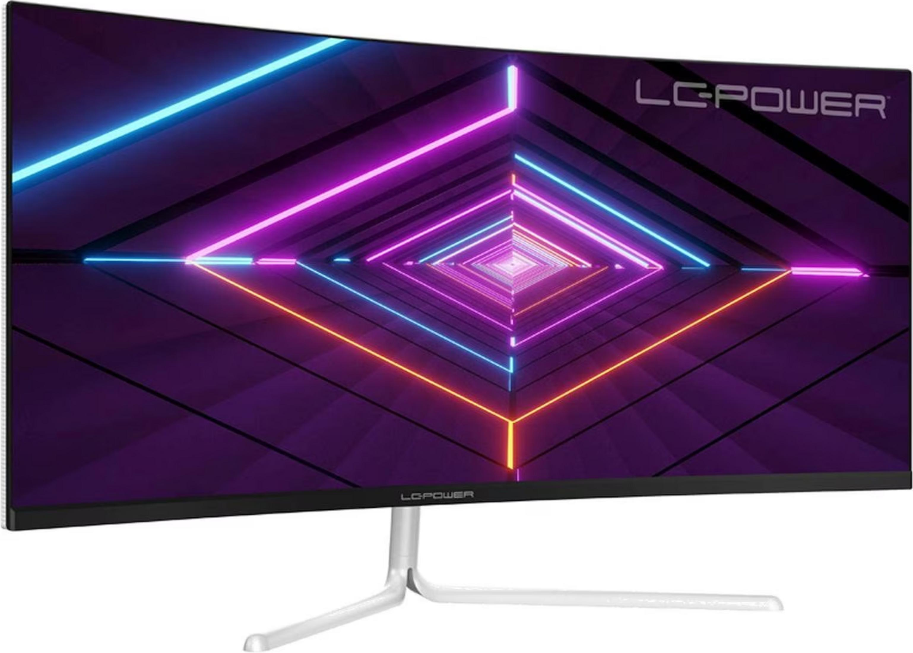 Zakrzywiony monitor wyświetla abstrakcyjny wzór neonowych linii na ciemnym tle.