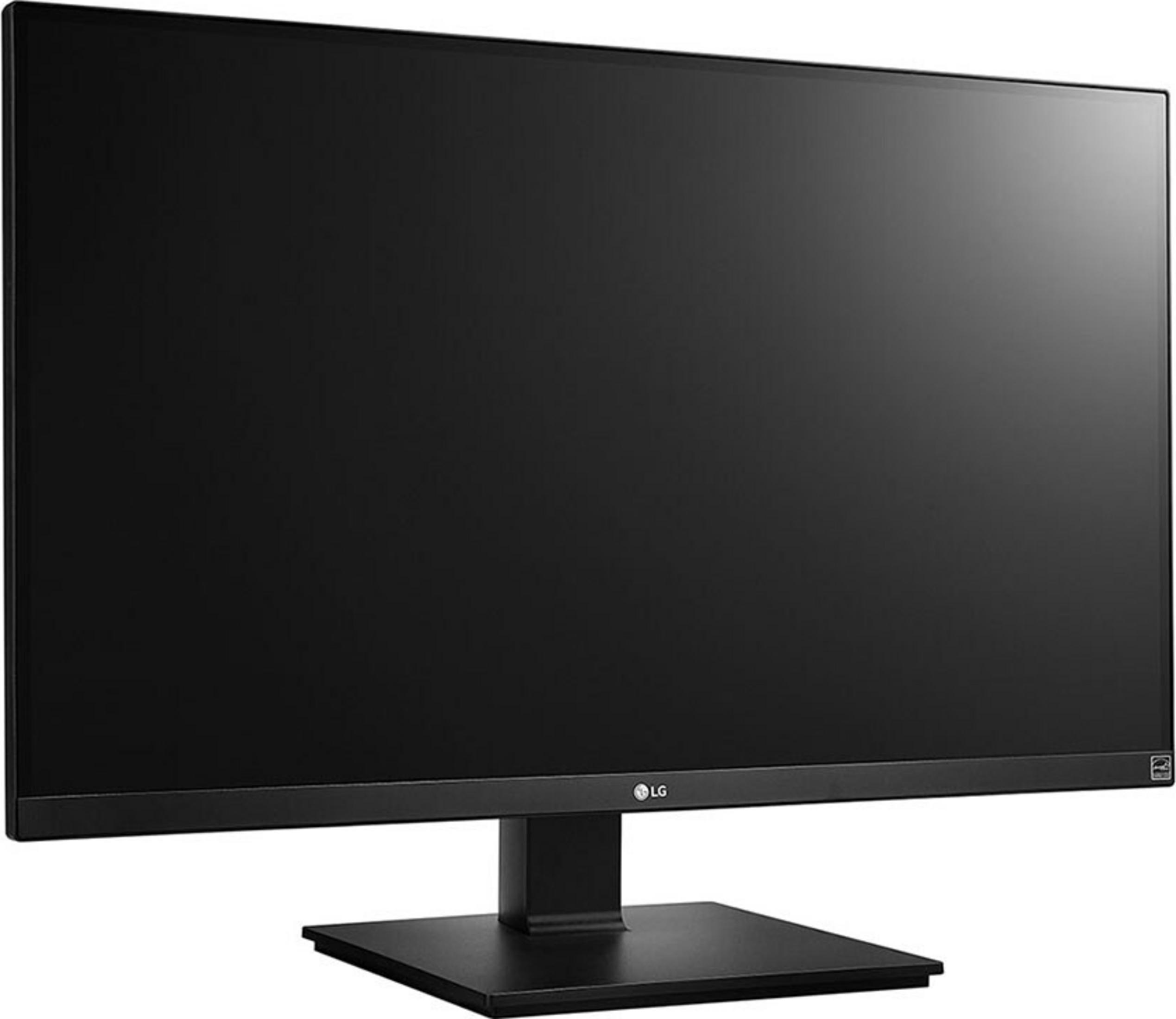 Czarny monitor LG na prostokątnym stojaku, z cienką ramką.