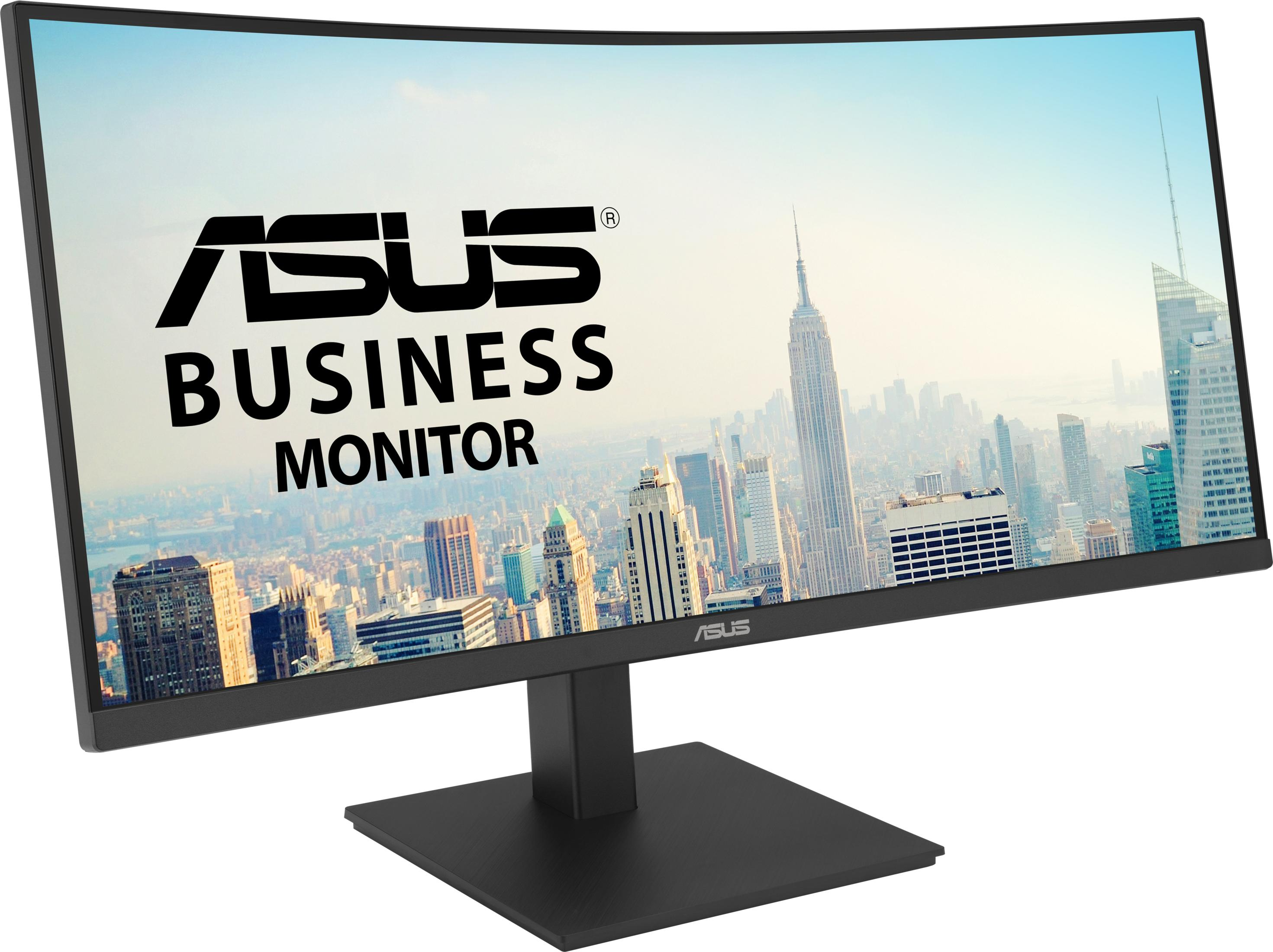 Ein gekrümmter Asus Business Monitor mit Stadtbild im Hintergrund.