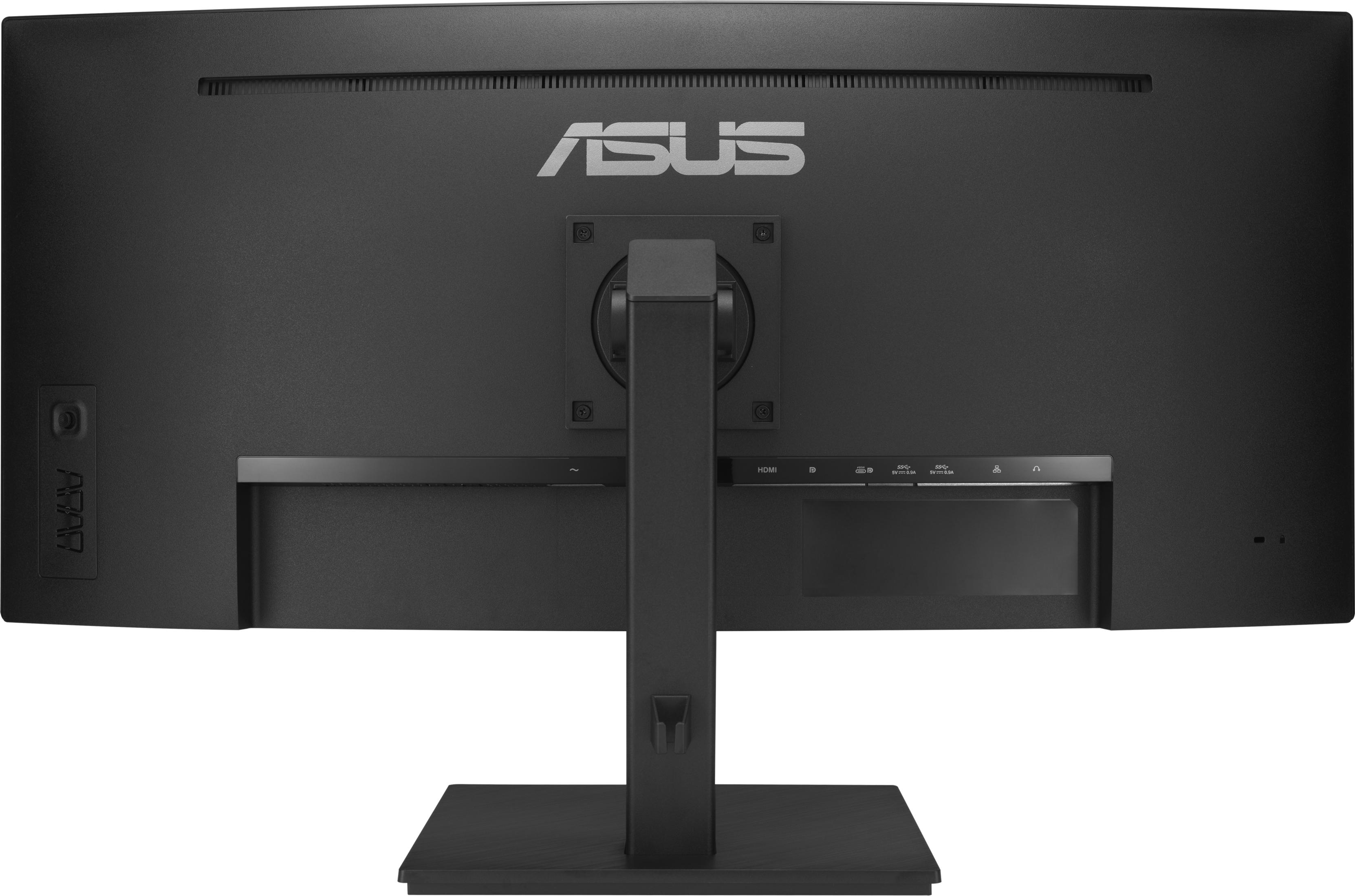 Rückseite eines schwarzen Asus Monitors mit Anschlüssen wie HDMI und USB.