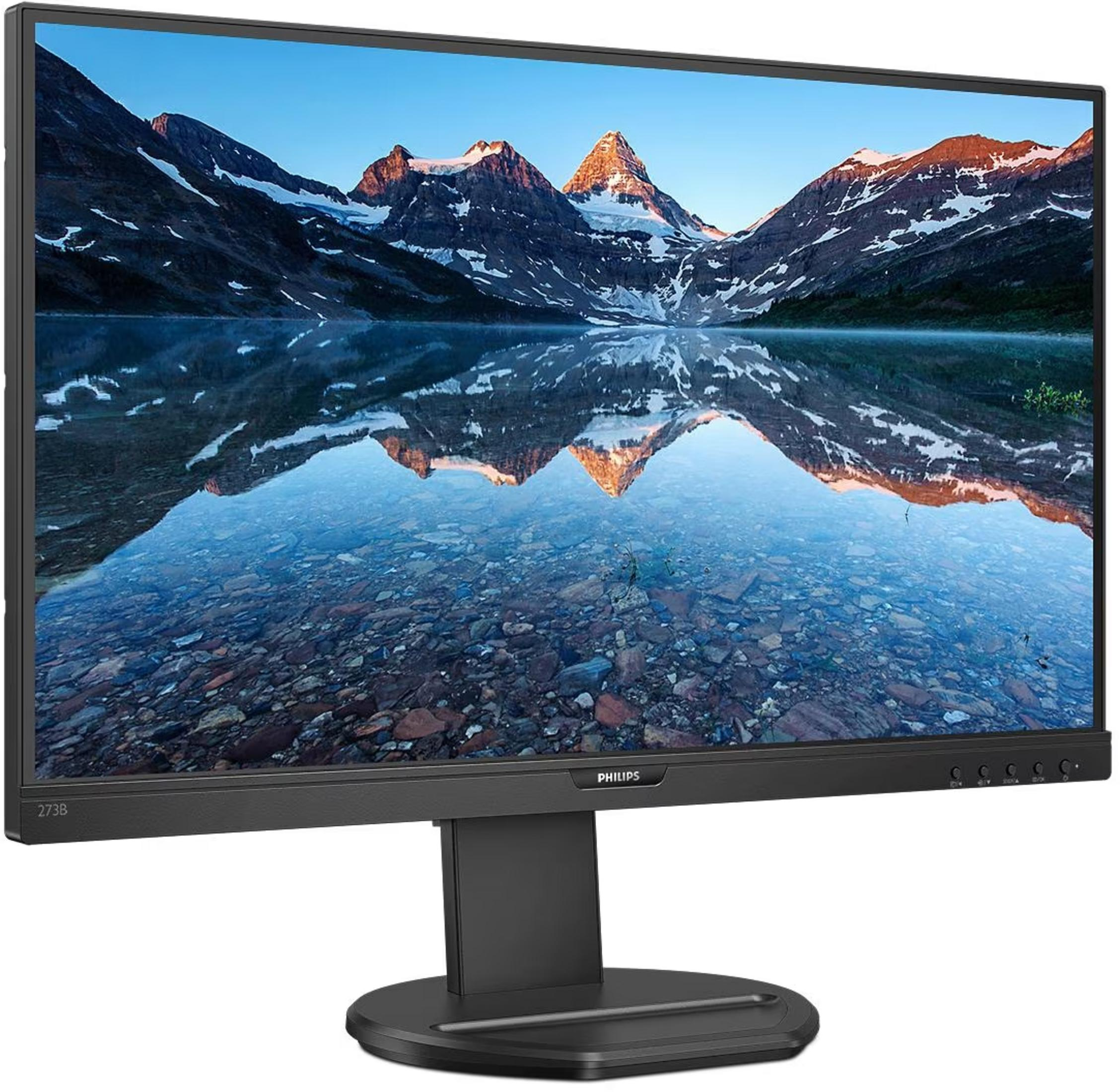 Un monitor Philips nero mostra un paesaggio montano con un lago e montagne riflesse.