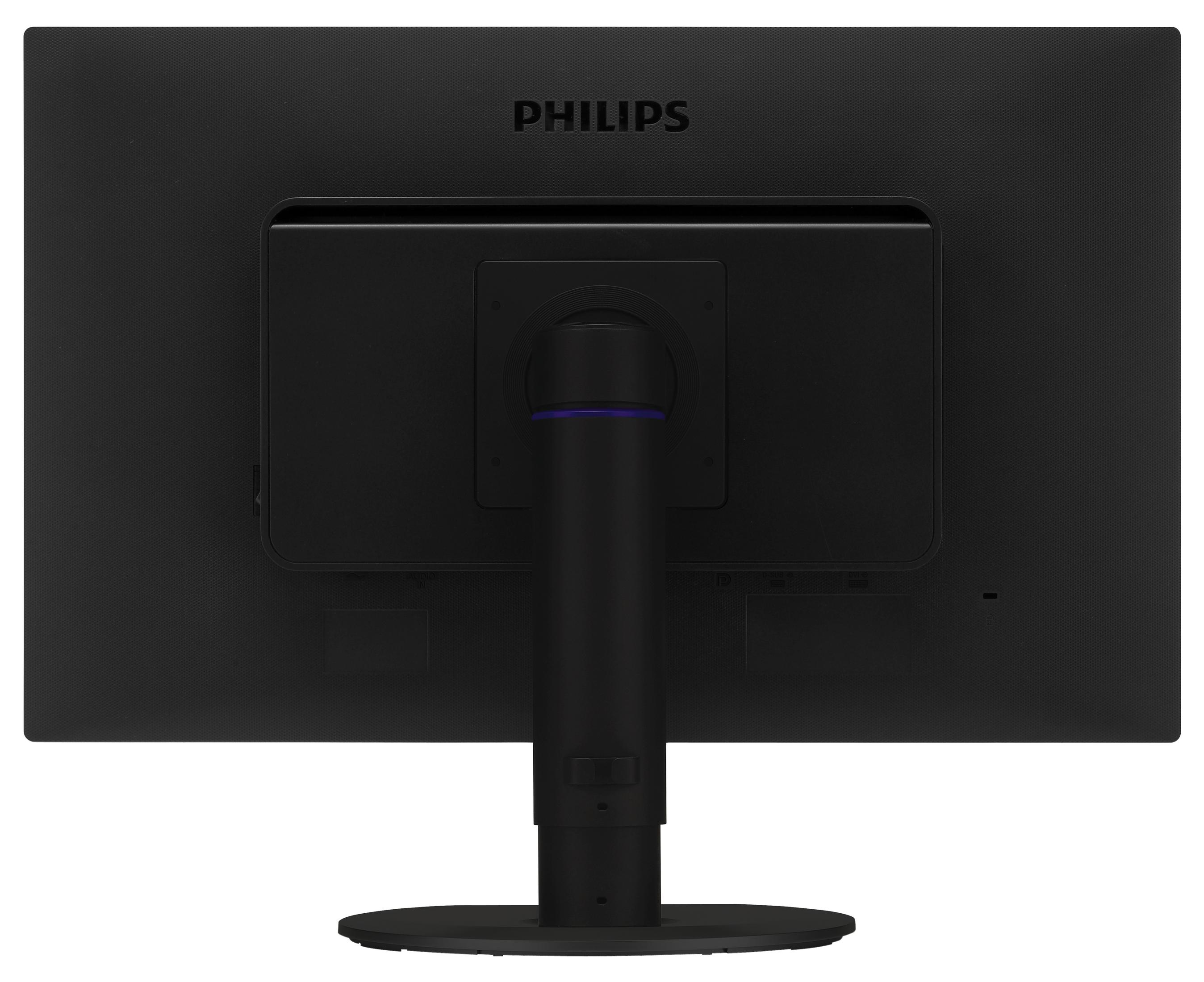 Retro di un monitor Philips nero con supporto e porte.