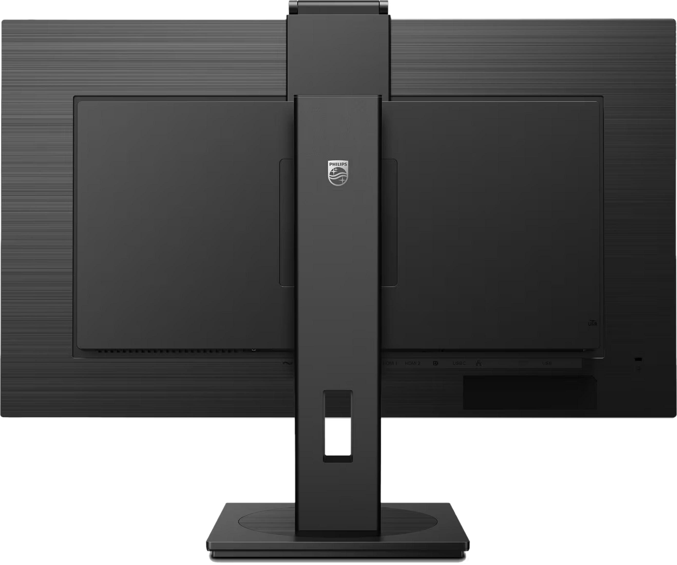 Vue arrière d'un écran d'ordinateur noir avec support et ports.