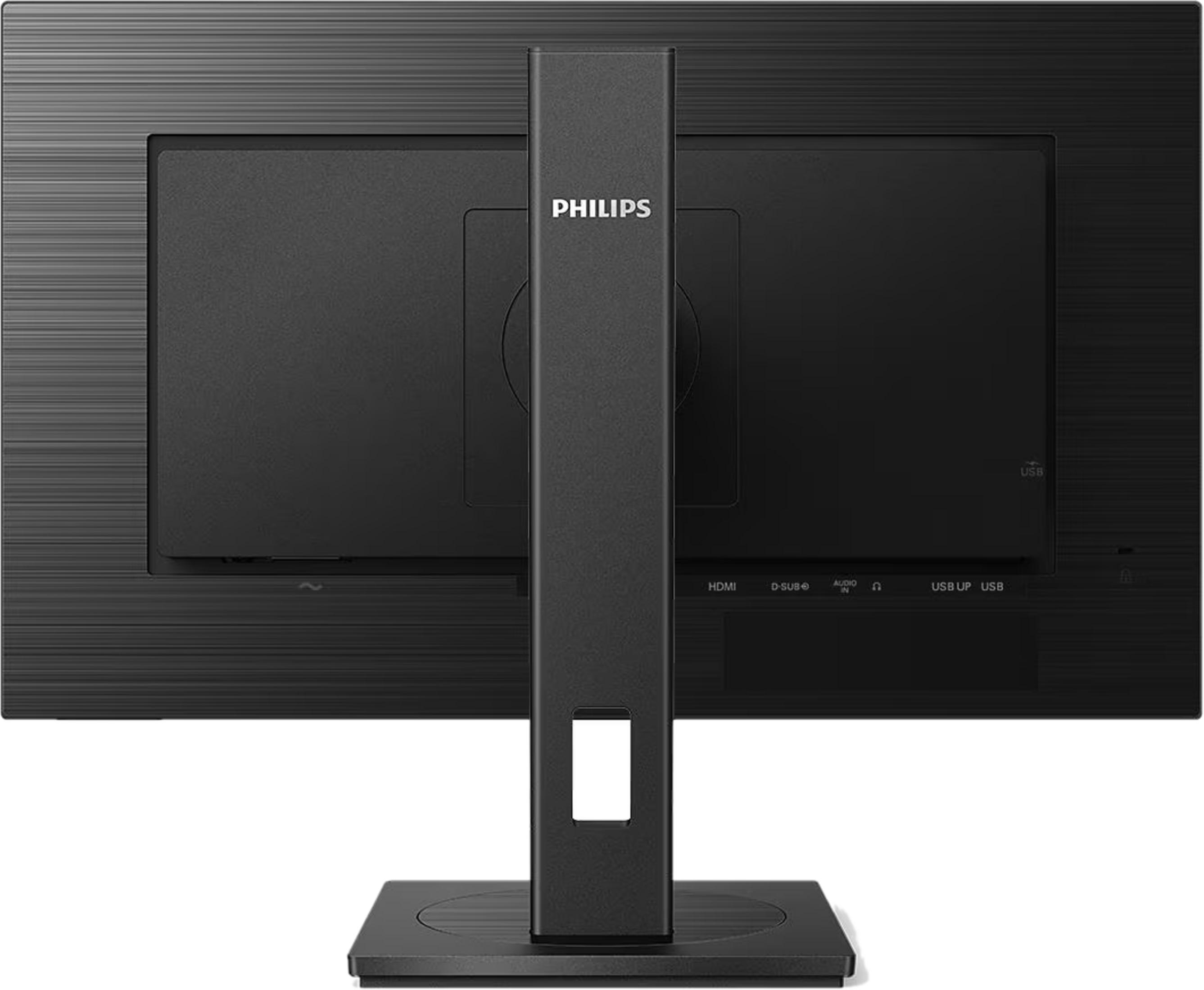 Back of a black Philips monitor with ports like HDMI and USB.