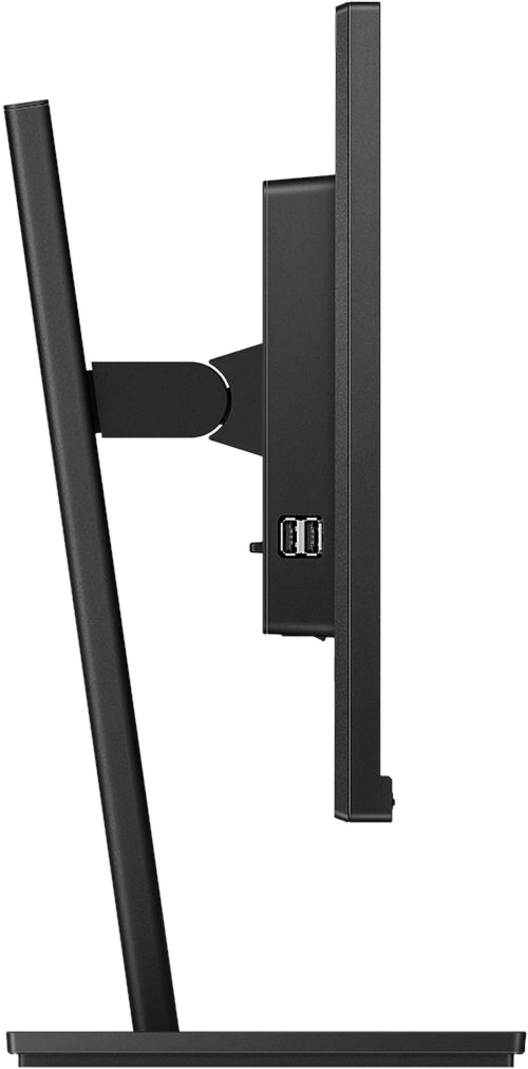 Vista laterale di un monitor nero con porte USB integrate e supporto.