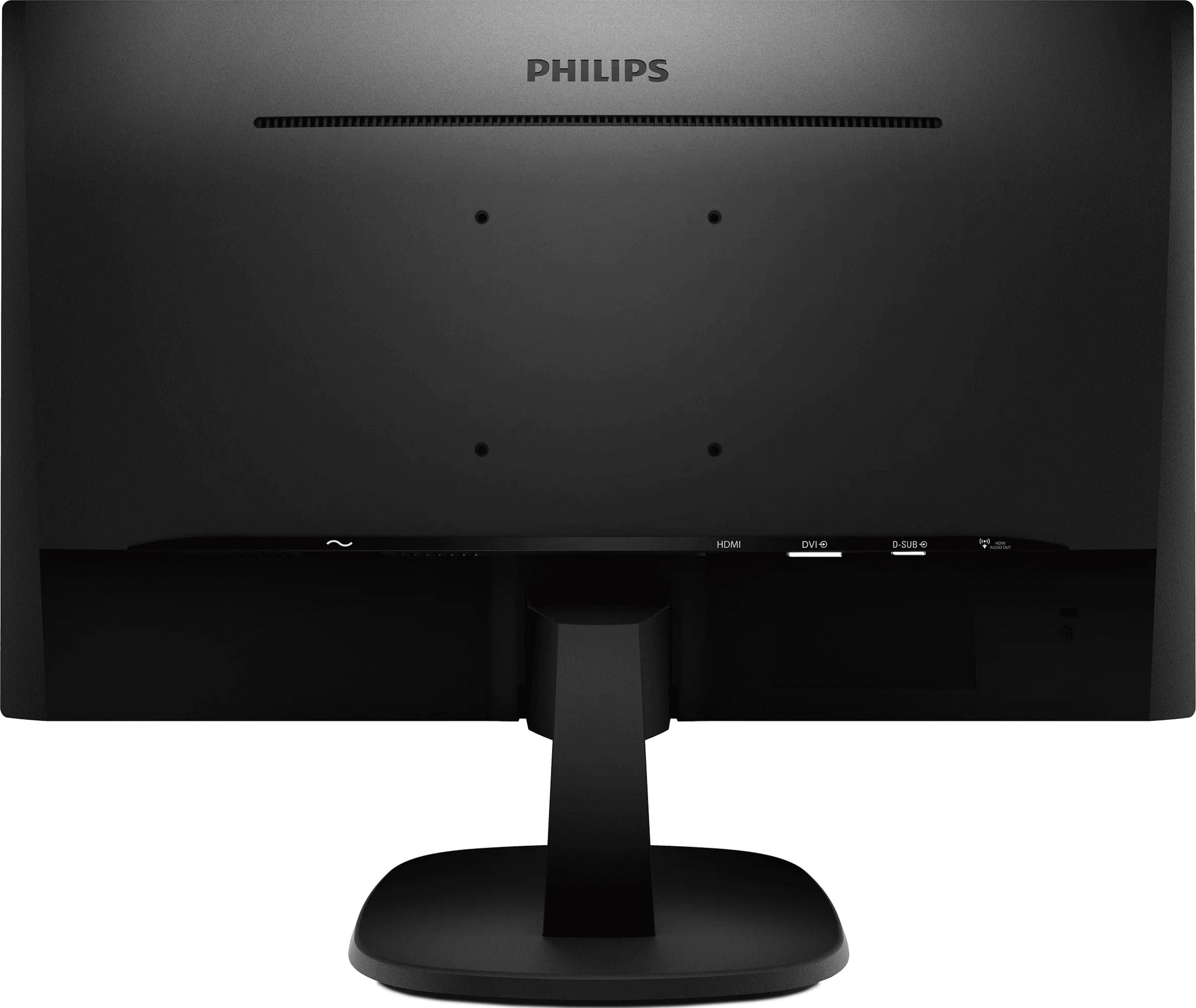 Parte trasera de un monitor Philips negro que muestra puertos como HDMI y DVI.