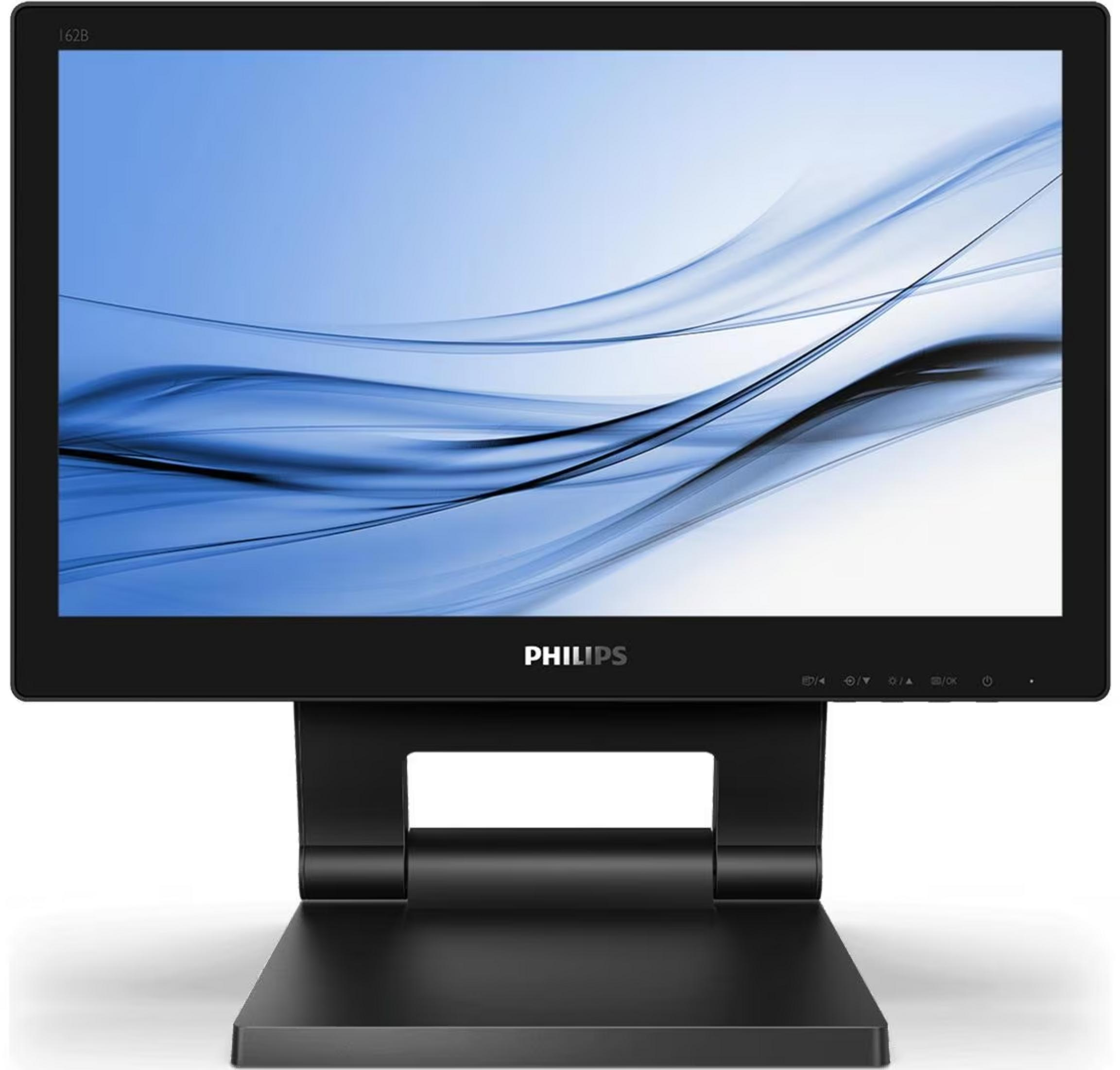 Een zwarte Philips monitor met een blauw abstract achtergrondafbeelding.