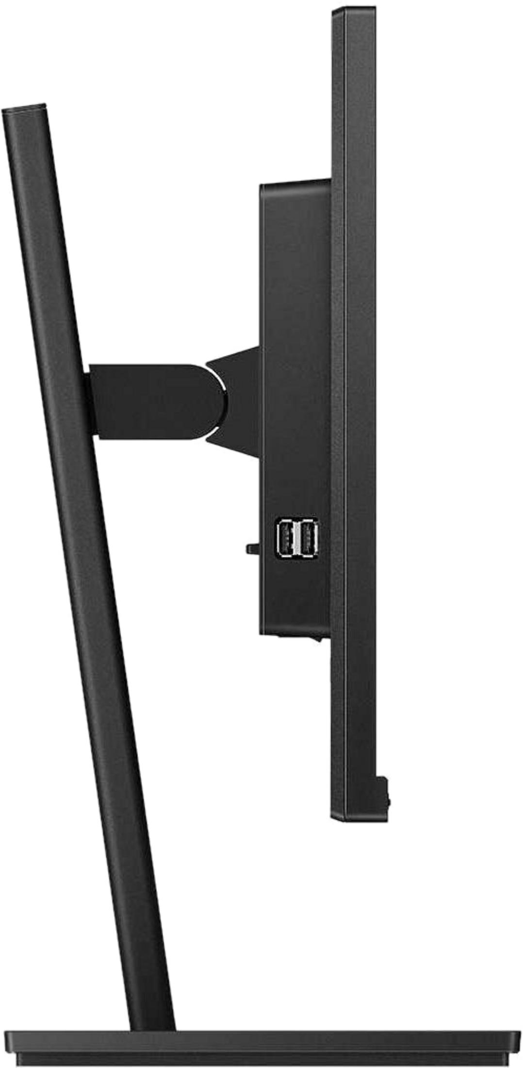 Zwarte computermonitor in profiel met USB-poorten aan de zijkant.