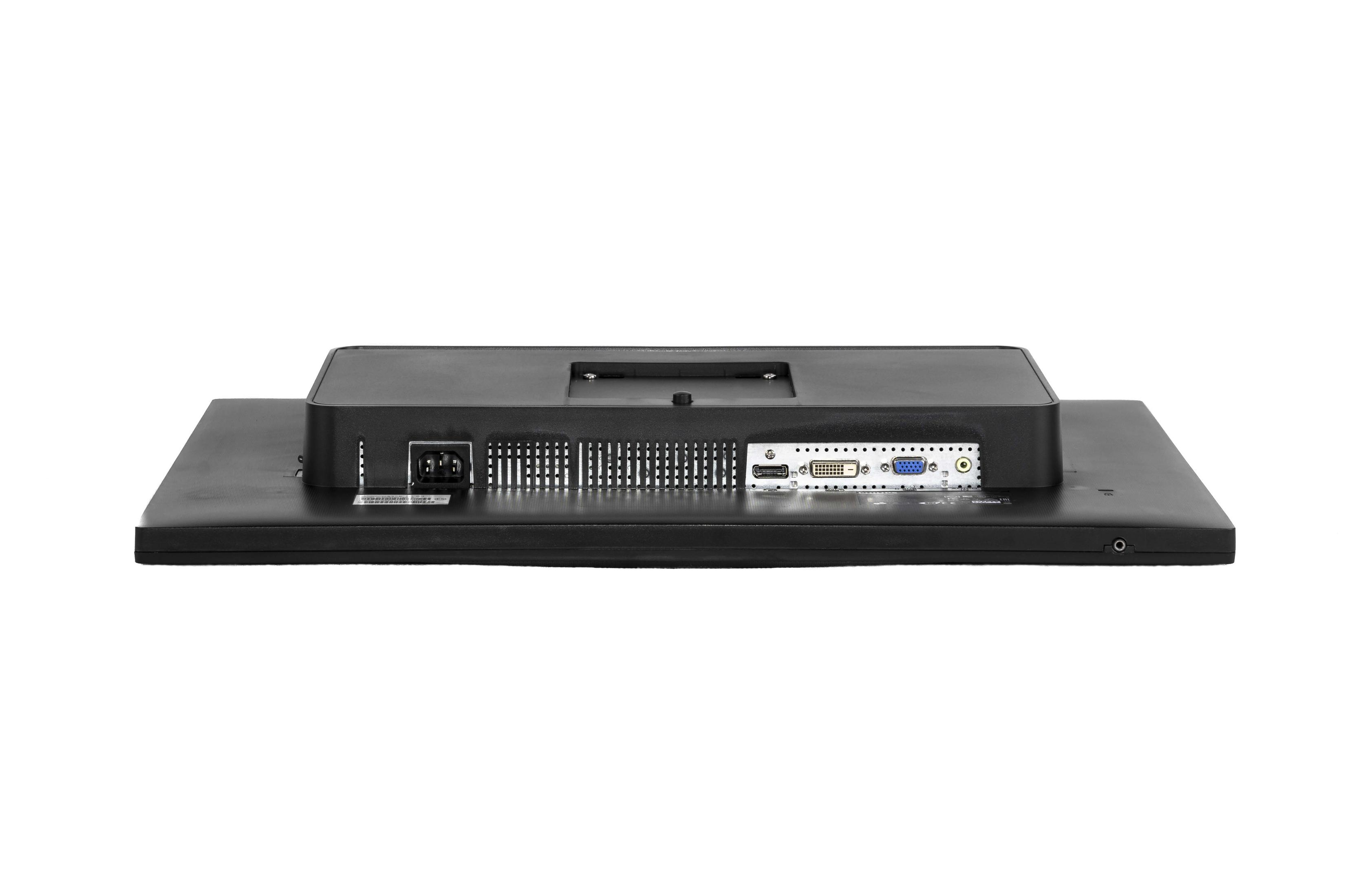 Retro di un monitor nero con porte di alimentazione, USB, HDMI, DVI e VGA.
