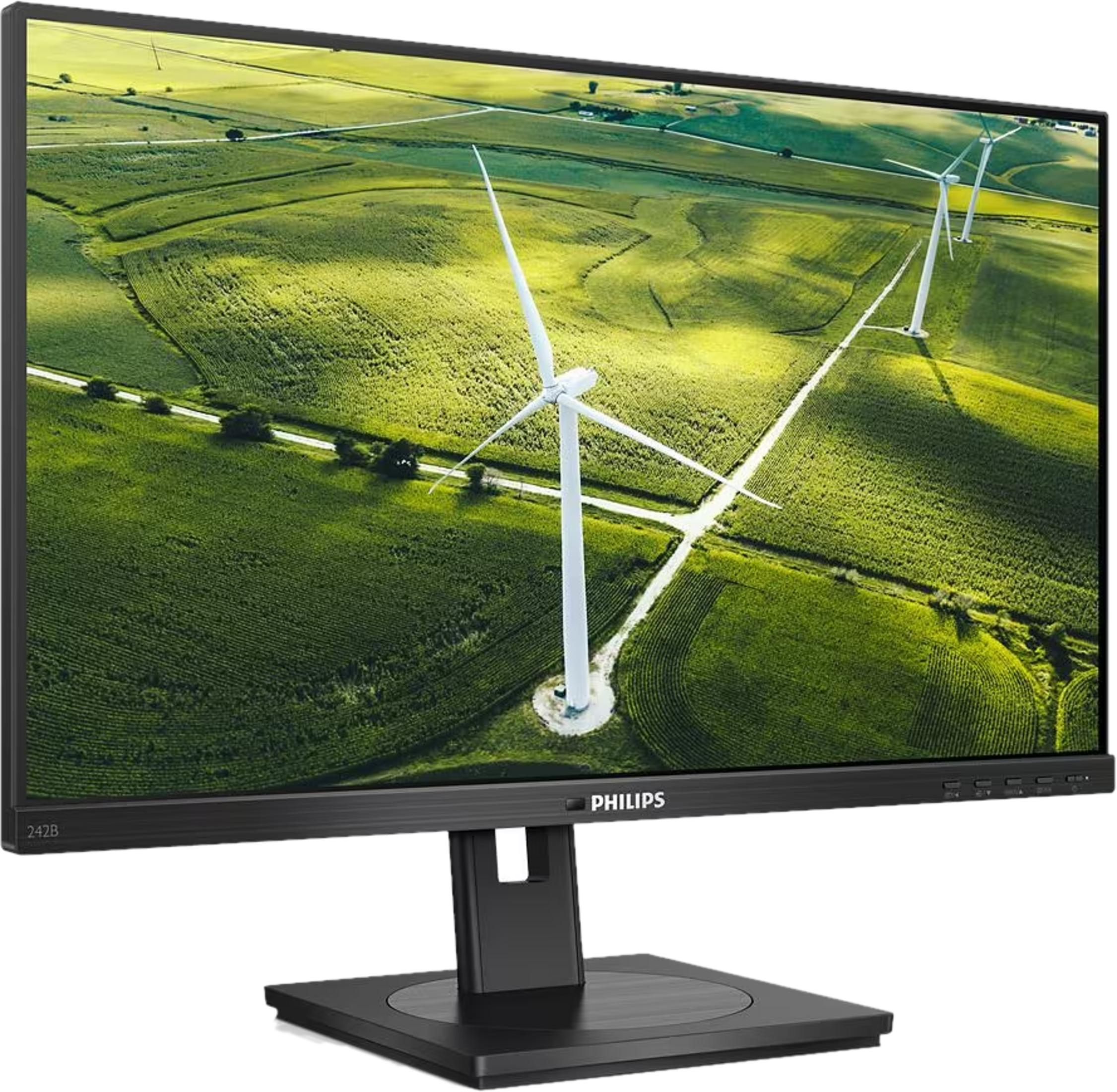 A Philips monitor displays a green landscape with windmills.